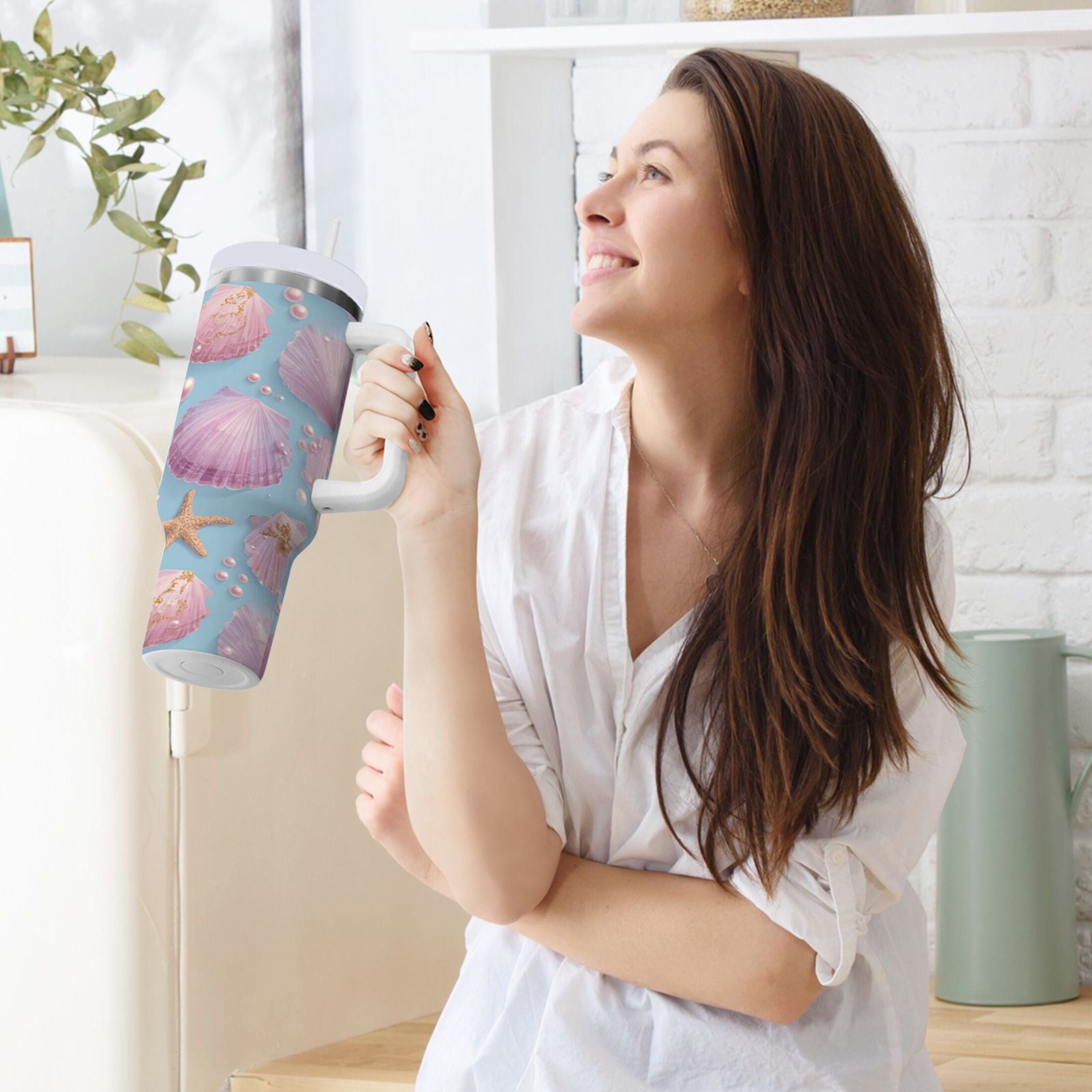 40 oz Insulated Stainless Steel Tumbler Double Wall Stainless Steel Tumbler with 2-Way Drinking Seashells and Pearls Pattern D63B