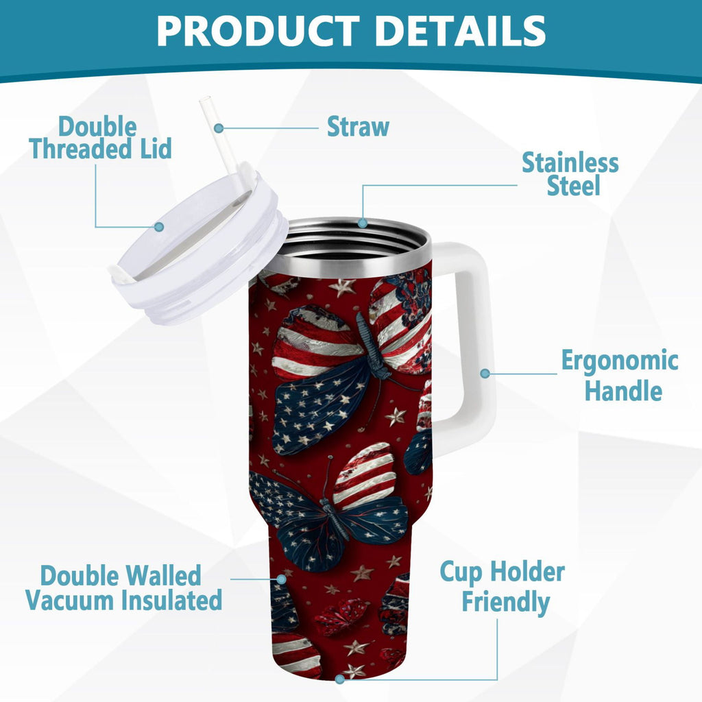 40 oz Insulated Stainless Steel Tumbler Double Wall Stainless Steel Tumbler with 2-Way Drinking Butterfly with National Flag XCGS