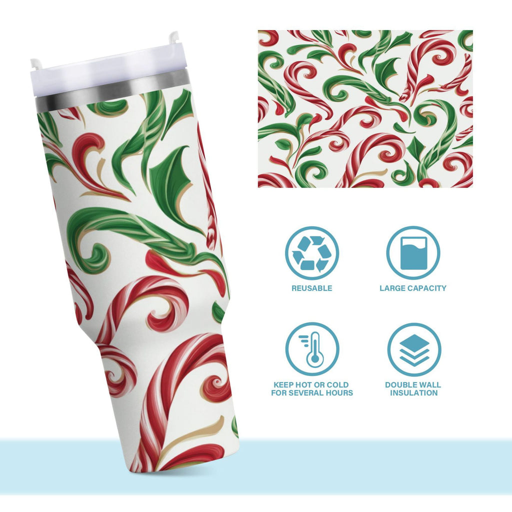 40 oz Insulated Stainless Steel Tumbler Double Wall Stainless Steel Tumbler with 2-Way Drinking Red and Green Candy-cane 344Z