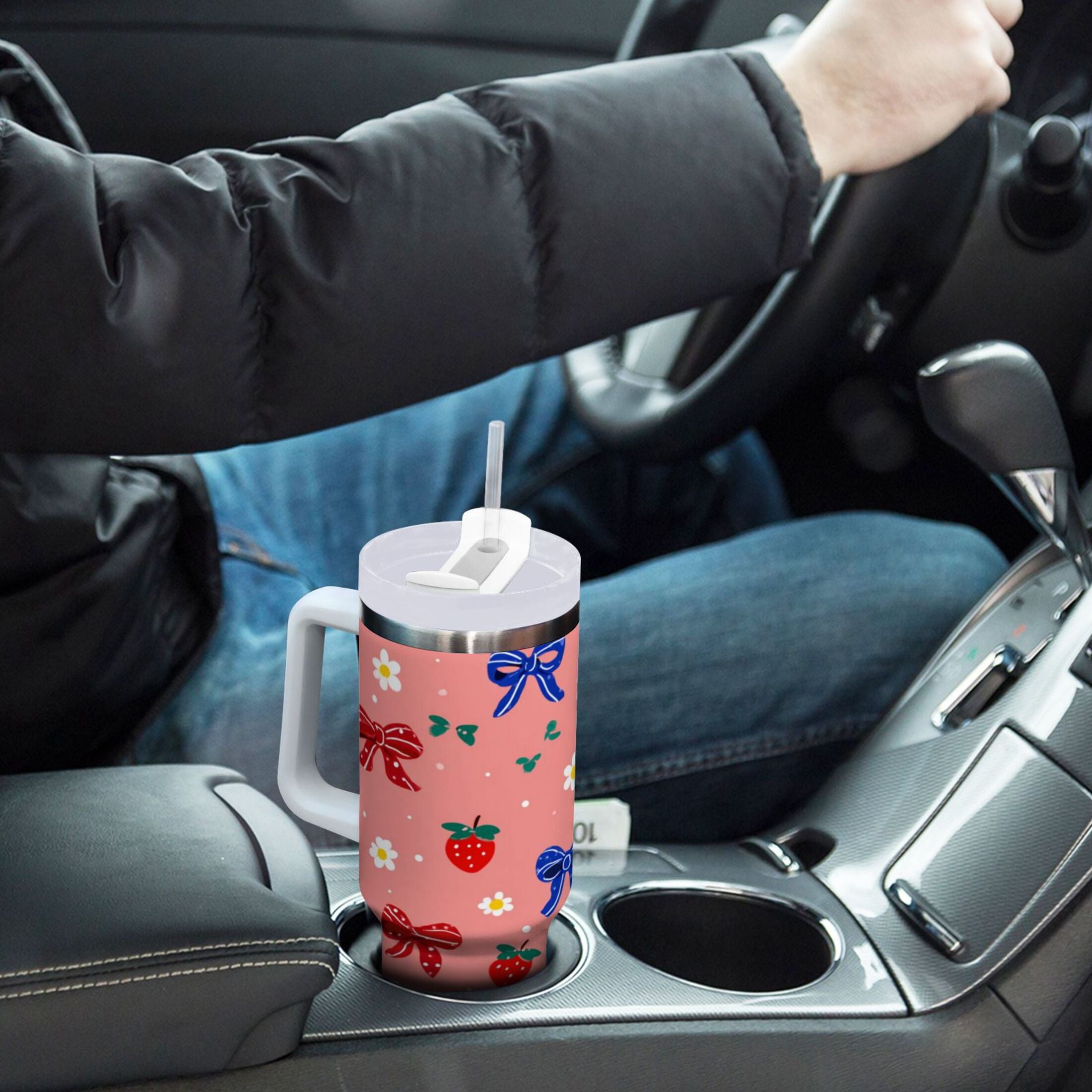40 oz Insulated Stainless Steel Tumbler Double Wall Stainless Steel Tumbler with 2-Way Drinking Bows and Strawberries Pattern BD1V