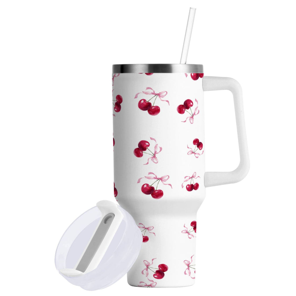 30 oz Insulated Stainless Steel Tumbler Double Wall Stainless Steel Tumbler with 2-Way Drinking Watercolor Cherries Pattern 4FUC