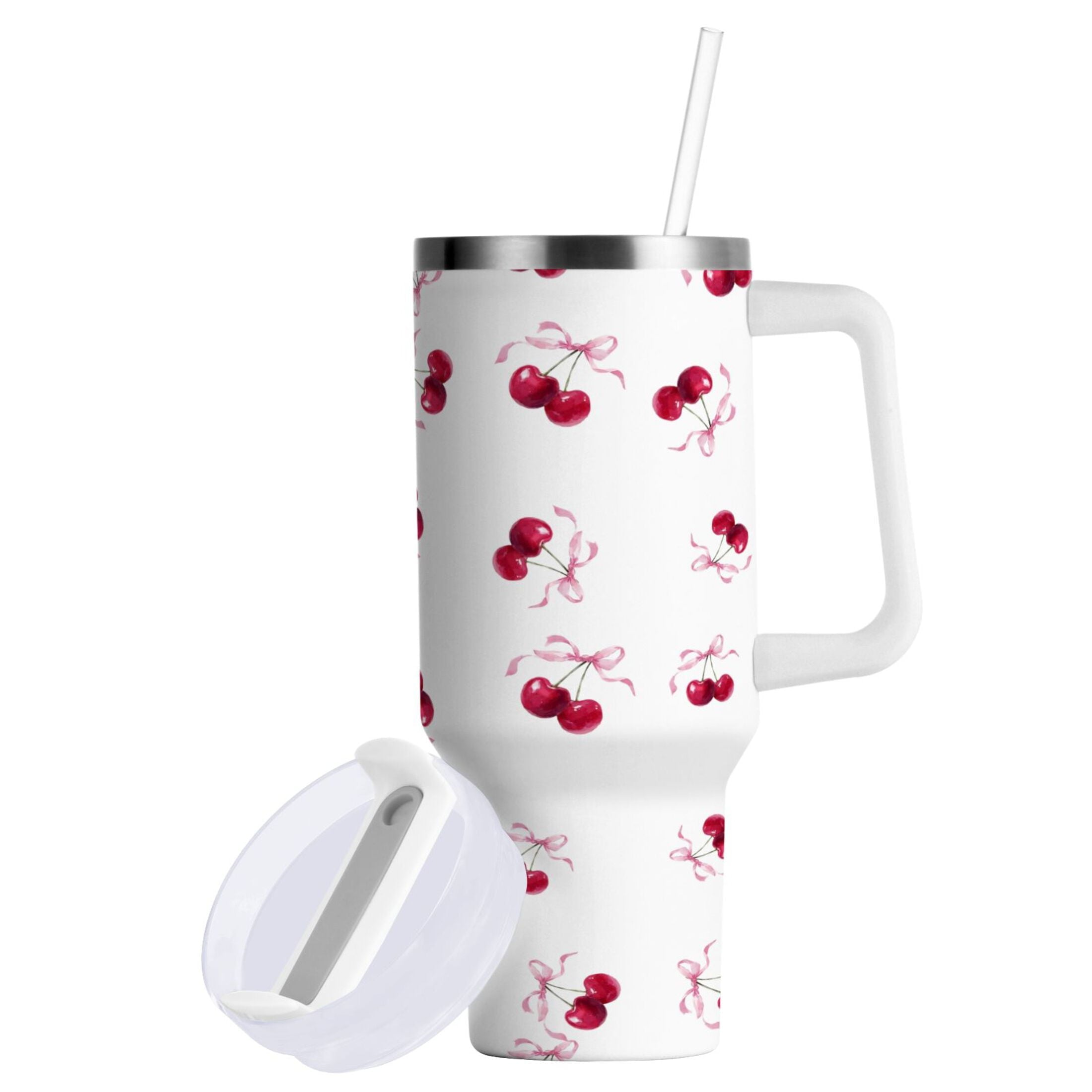 30 oz Insulated Stainless Steel Tumbler Double Wall Stainless Steel Tumbler with 2-Way Drinking Watercolor Cherries Pattern 4FUC