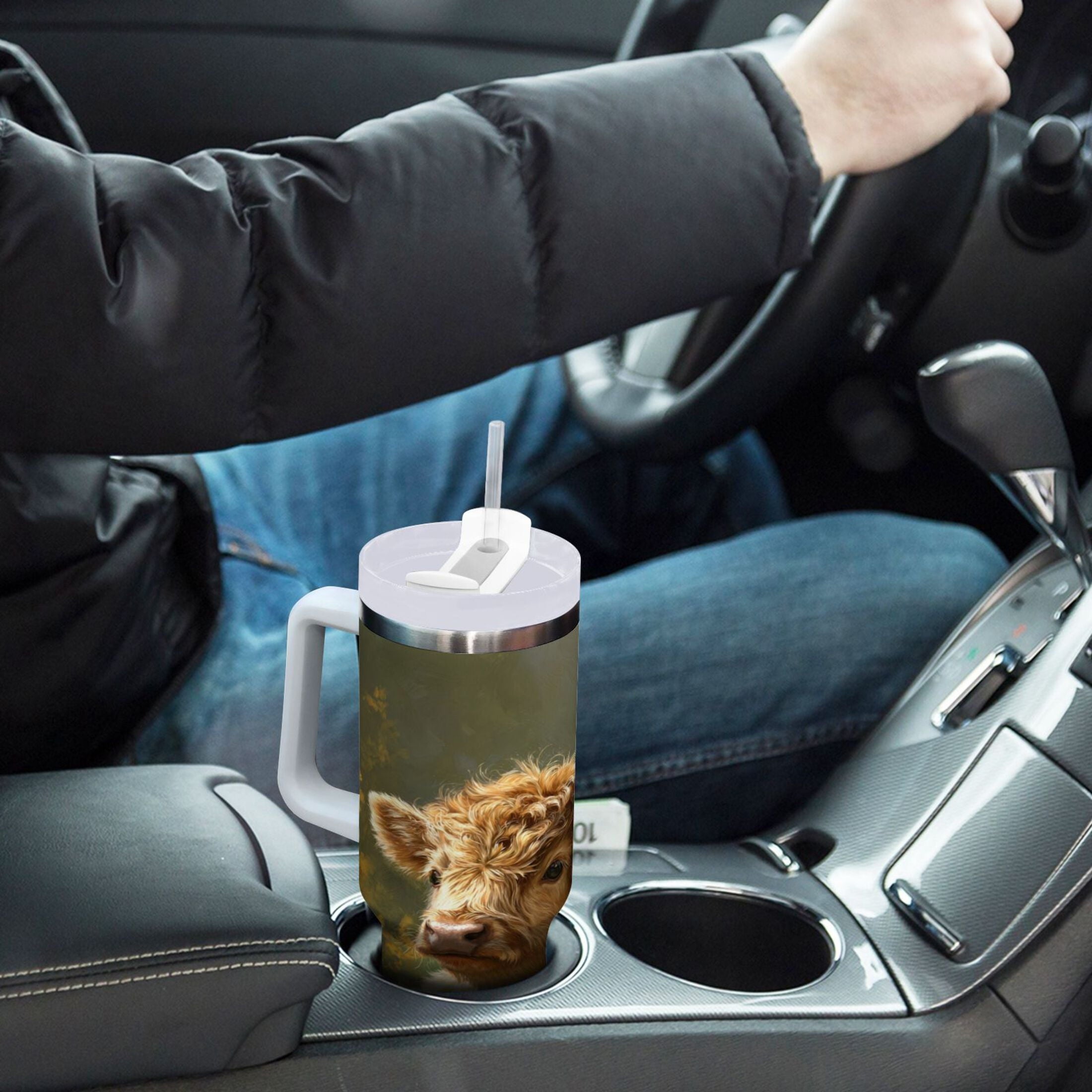 40 oz Insulated Stainless Steel Tumbler Double Wall Stainless Steel Tumbler with 2-Way Drinking Cow Lying in Sunflowers E1XS