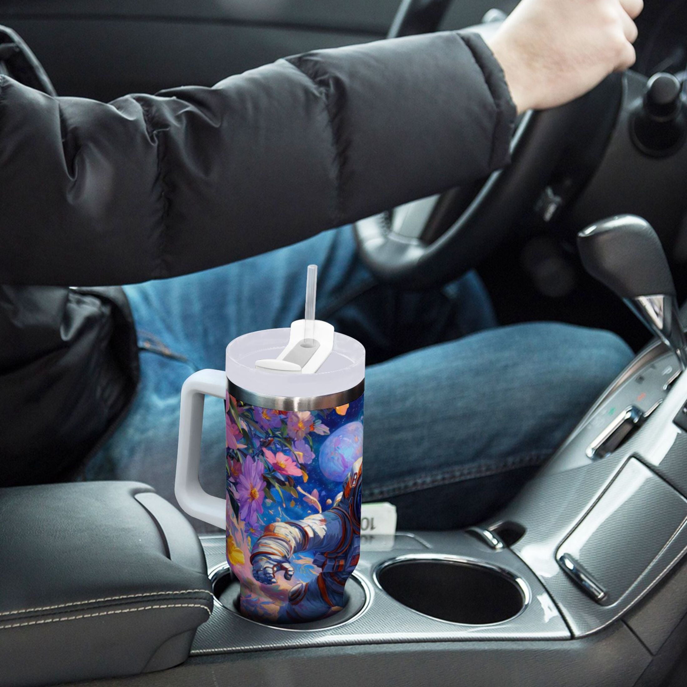 40 oz Insulated Stainless Steel Tumbler Double Wall Stainless Steel Tumbler with 2-Way Drinking Astronaut and Colorful Flowers 2CCT