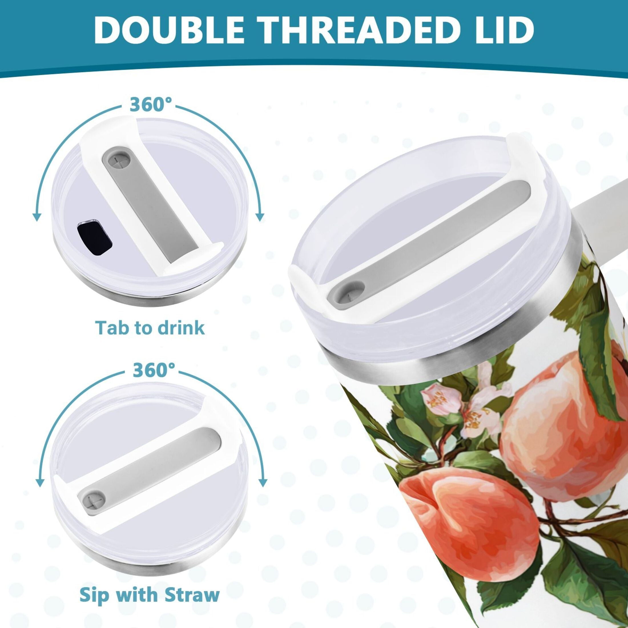 30 oz Insulated Stainless Steel Tumbler Double Wall Stainless Steel Tumbler with 2-Way Drinking Peach Fruit Pattern TUXP