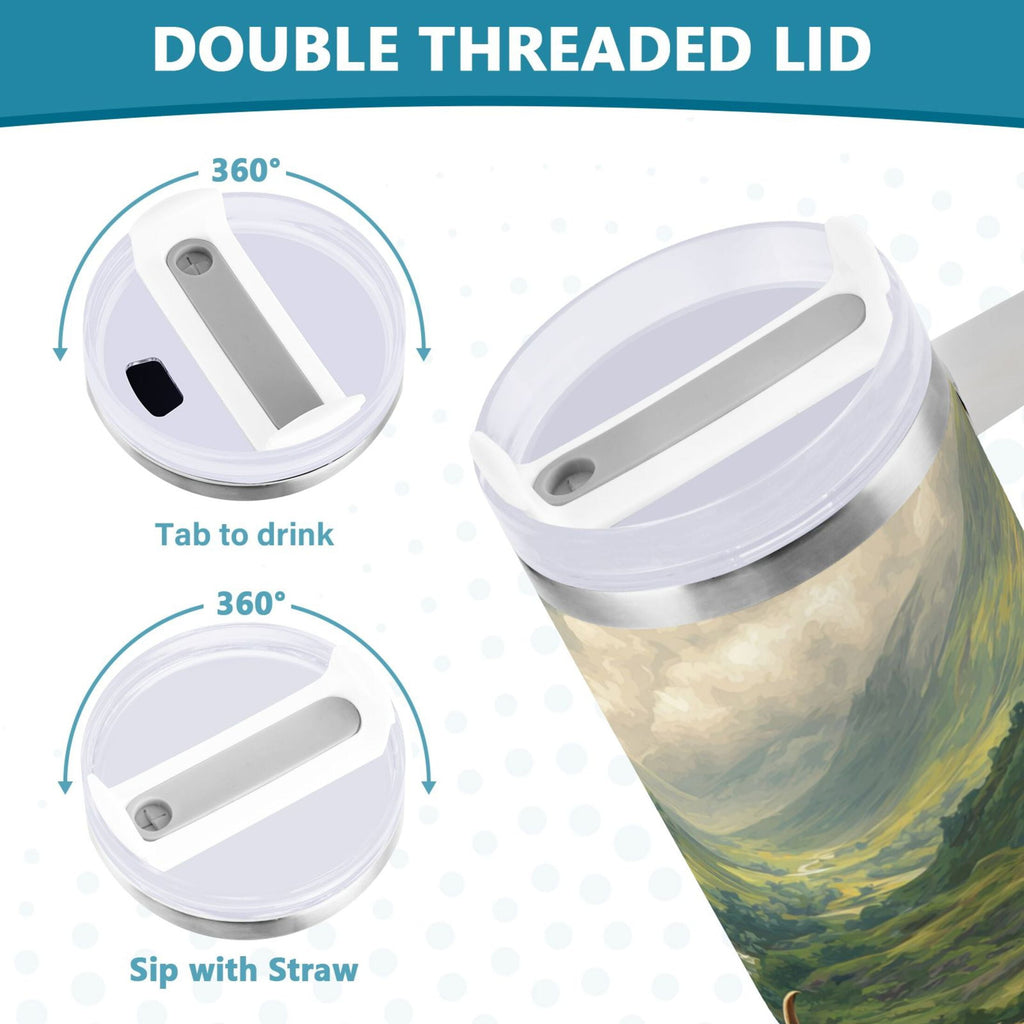 30 oz Insulated Stainless Steel Tumbler Double Wall Stainless Steel Tumbler with 2-Way Drinking Cow in Green Rolling Hills 2PST