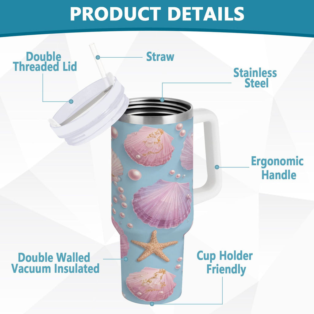40 oz Insulated Stainless Steel Tumbler Double Wall Stainless Steel Tumbler with 2-Way Drinking Seashells and Pearls Pattern D63B