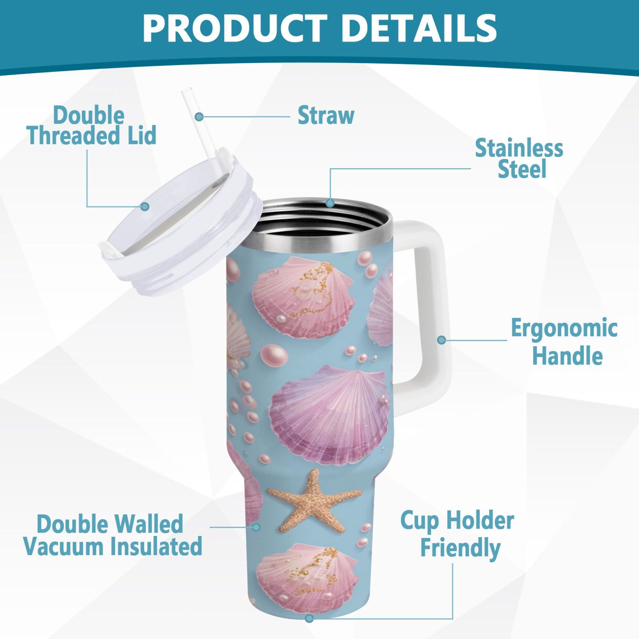 40 oz Insulated Stainless Steel Tumbler Double Wall Stainless Steel Tumbler with 2-Way Drinking Seashells and Pearls Pattern D63B