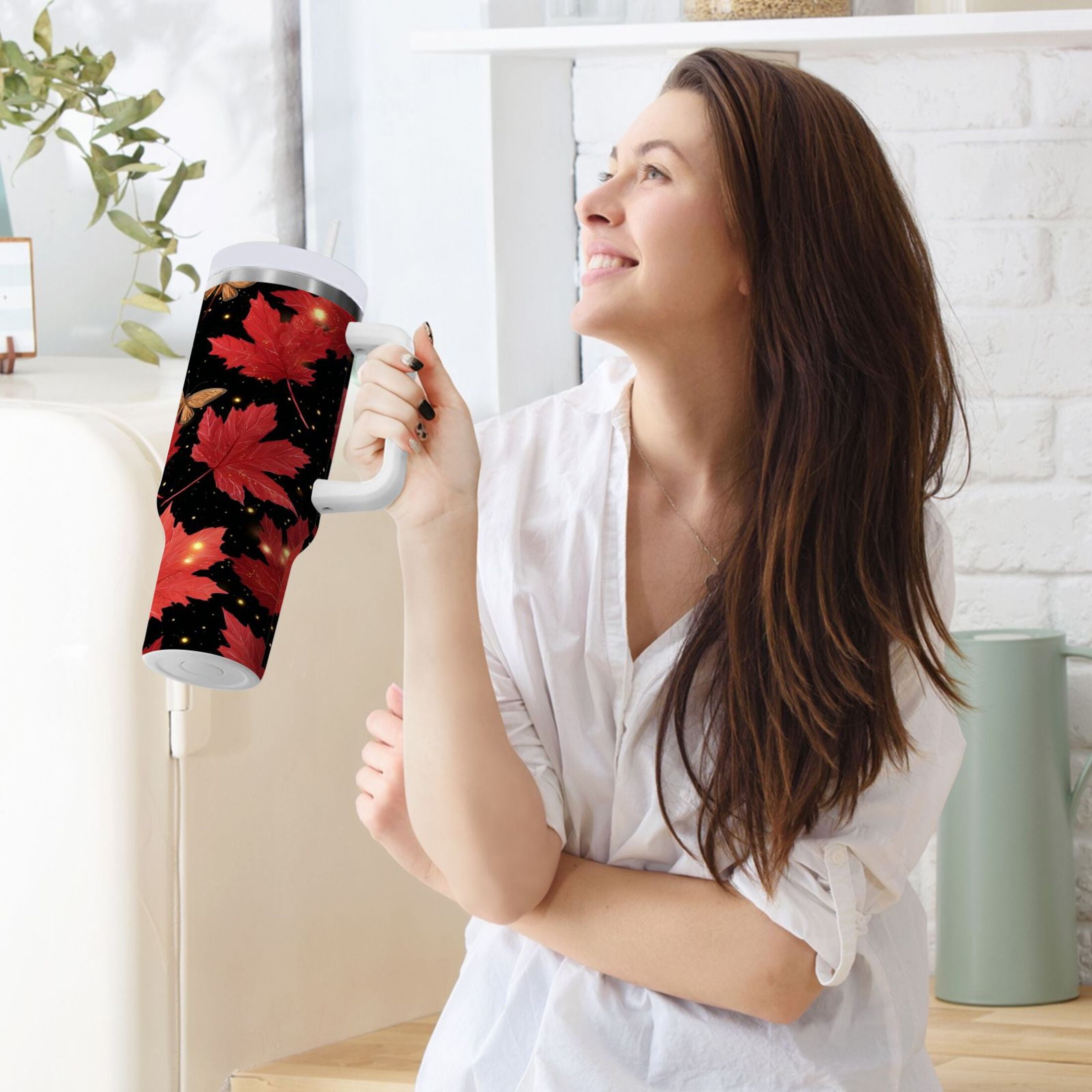 40 oz Insulated Stainless Steel Tumbler Double Wall Stainless Steel Tumbler with 2-Way Drinking Maple Leaves and Fireflies L4DA