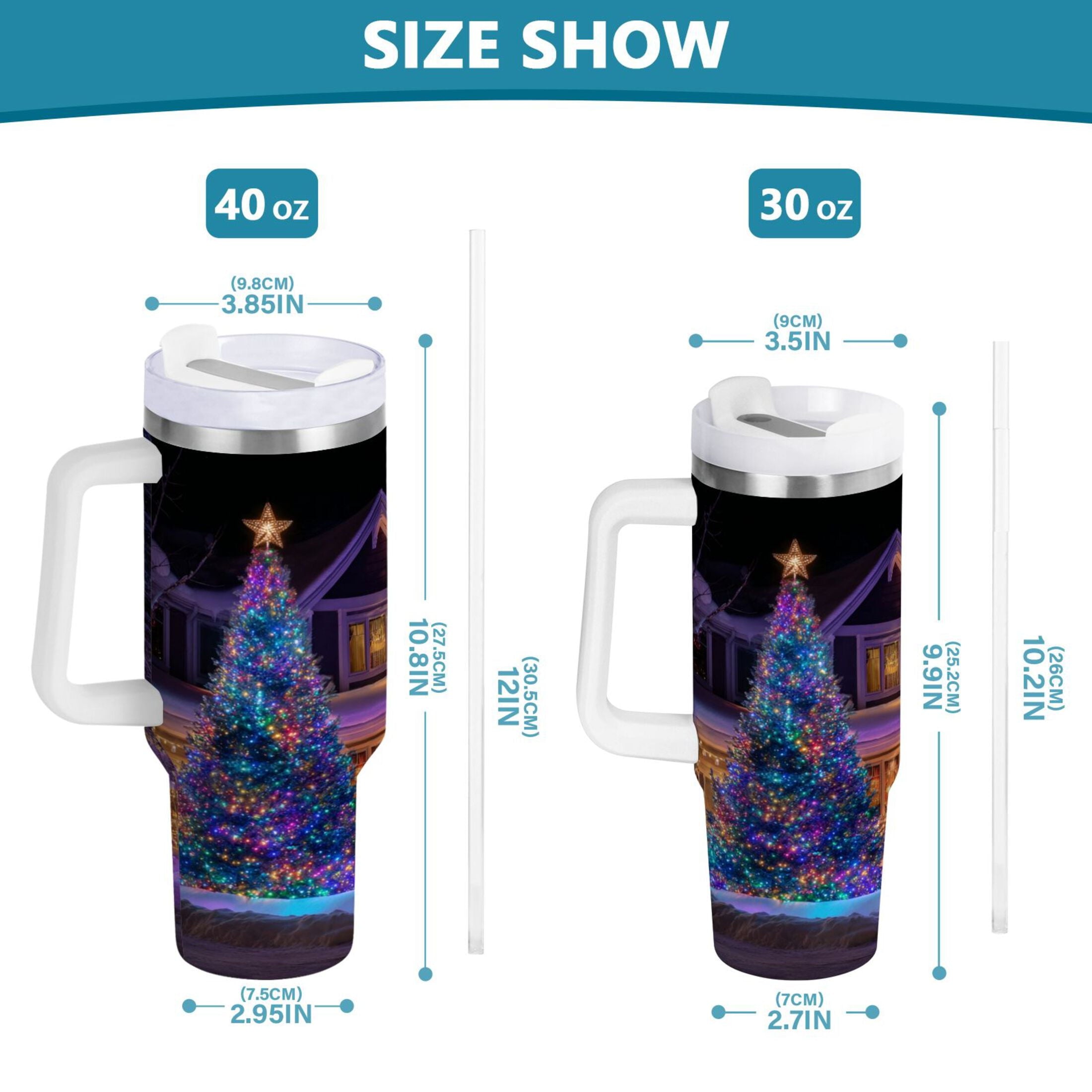 40 oz Insulated Stainless Steel Tumbler Double Wall Stainless Steel Tumbler with 2-Way Drinking Christmas Trees with Lights TX1F