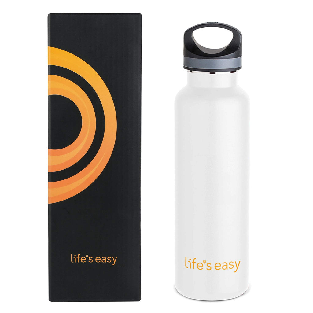 LIFE'S EASY 20 oz. Sports Insulated Water Bottle with Lid. Stainless Steel Vacuum Double Wall Thermo for Modern Hot and Cold Drinks, Simple Metal Hydro Canteen for Travel Men and Women (White) A19S