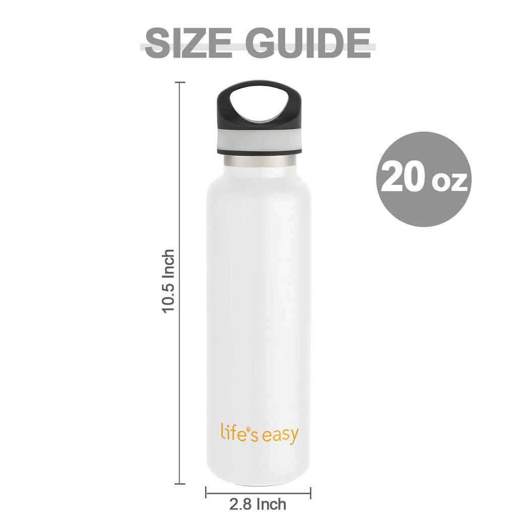LIFE'S EASY 20 oz. Sports Insulated Water Bottle with Lid. Stainless Steel Vacuum Double Wall Thermo for Modern Hot and Cold Drinks, Simple Metal Hydro Canteen for Travel Men and Women (White) A19S