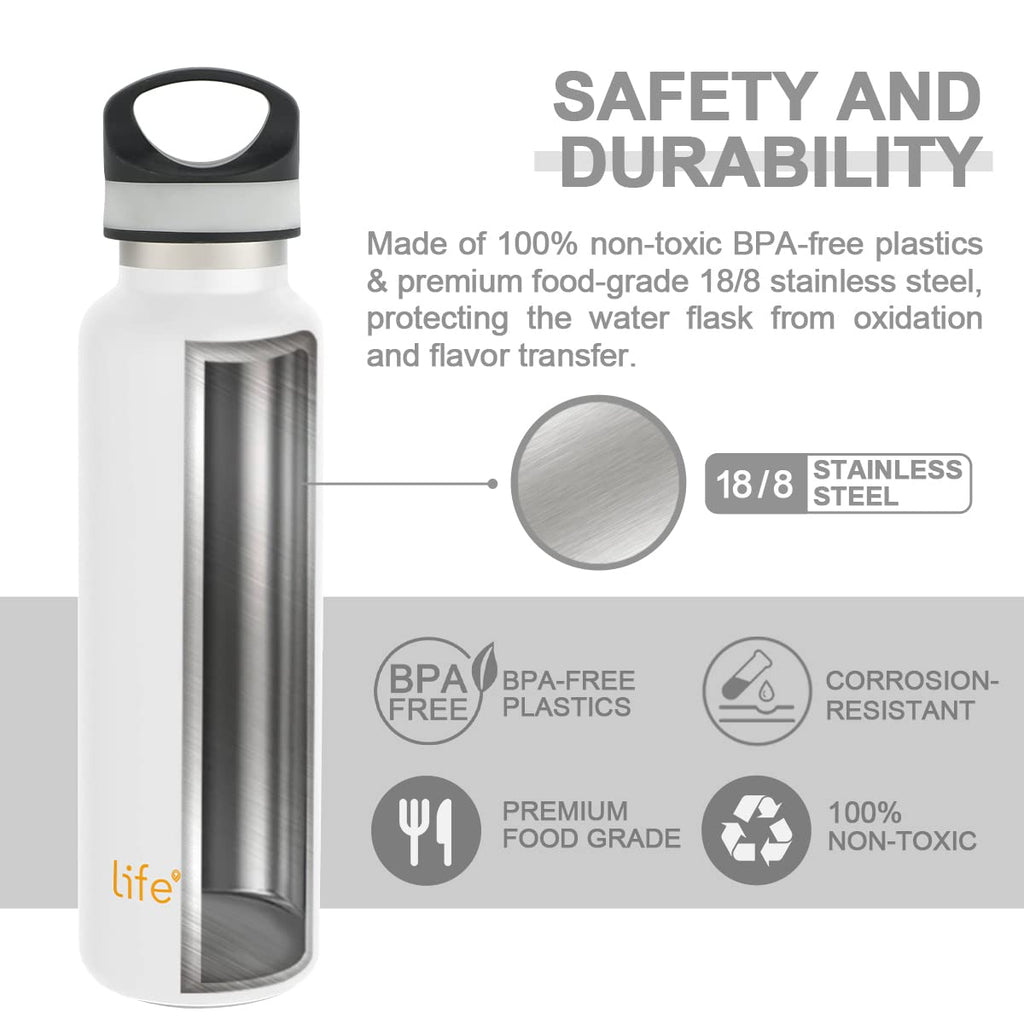 LIFE'S EASY 20 oz. Sports Insulated Water Bottle with Lid. Stainless Steel Vacuum Double Wall Thermo for Modern Hot and Cold Drinks, Simple Metal Hydro Canteen for Travel Men and Women (White) A19S