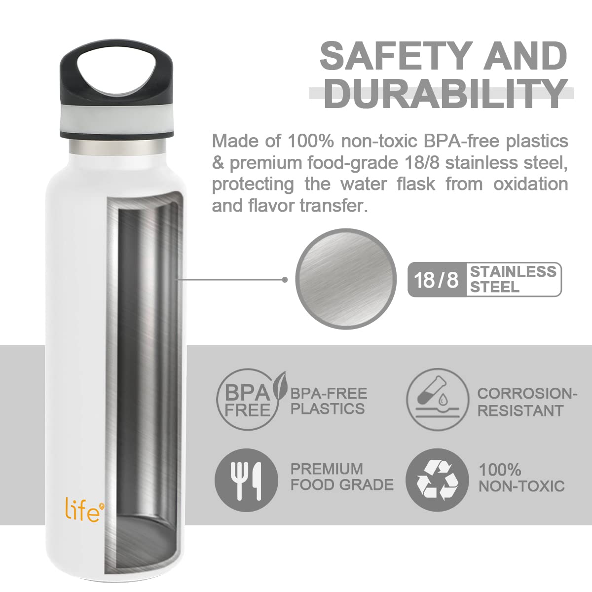 LIFE'S EASY 20 oz. Sports Insulated Water Bottle with Lid. Stainless Steel Vacuum Double Wall Thermo for Modern Hot and Cold Drinks, Simple Metal Hydro Canteen for Travel Men and Women (White) A19S