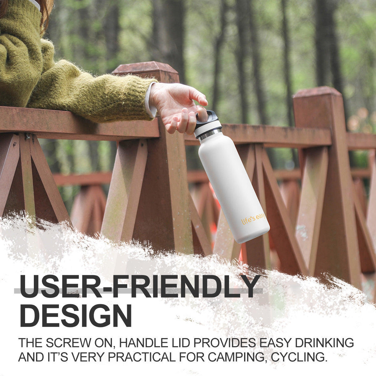 LIFE'S EASY 20 oz. Sports Insulated Water Bottle with Lid. Stainless Steel Vacuum Double Wall Thermo for Modern Hot and Cold Drinks, Simple Metal Hydro Canteen for Travel Men and Women (White) A19S