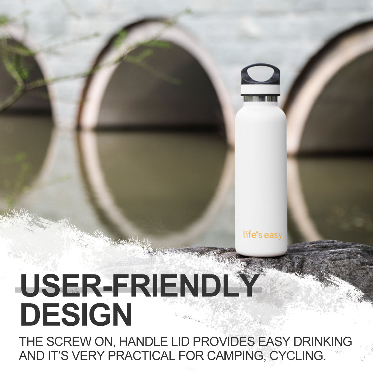 LIFE'S EASY 20 oz. Sports Insulated Water Bottle with Lid. Stainless Steel Vacuum Double Wall Thermo for Modern Hot and Cold Drinks, Simple Metal Hydro Canteen for Travel Men and Women (White) A19S