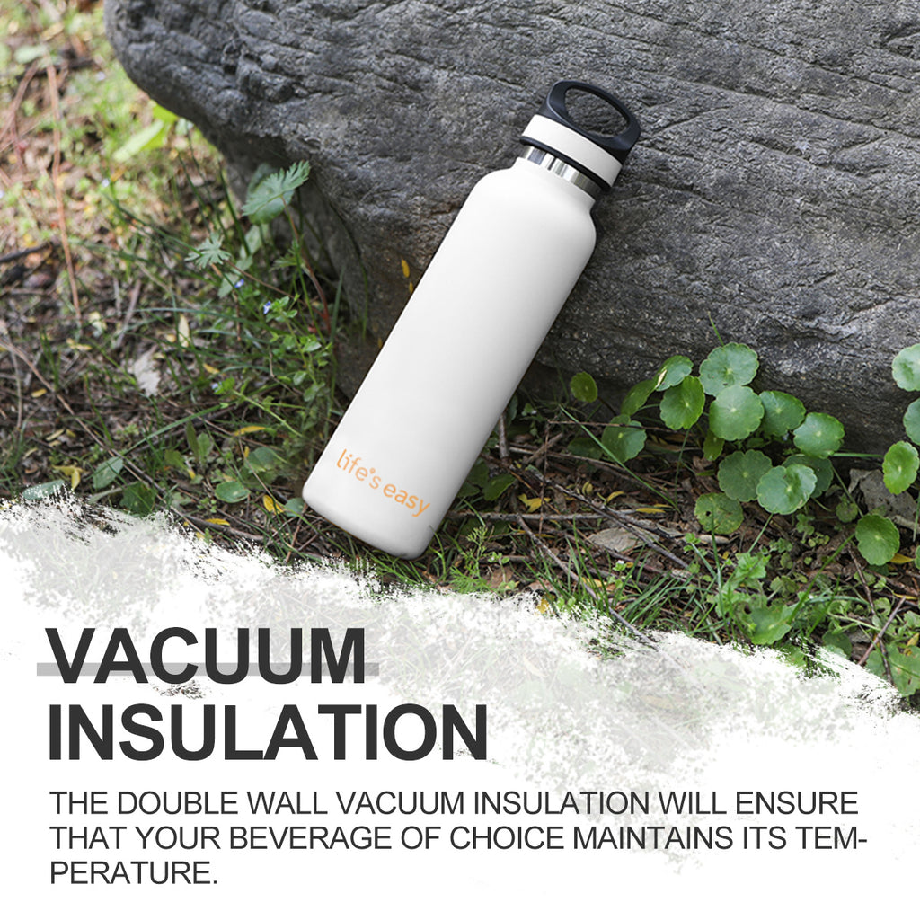 LIFE'S EASY 20 oz. Sports Insulated Water Bottle with Lid. Stainless Steel Vacuum Double Wall Thermo for Modern Hot and Cold Drinks, Simple Metal Hydro Canteen for Travel Men and Women (White) A19S