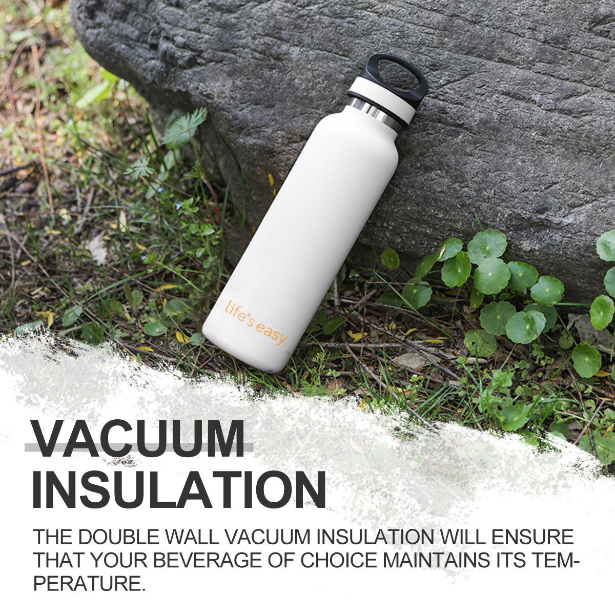 LIFE'S EASY 20 oz. Sports Insulated Water Bottle with Lid. Stainless Steel Vacuum Double Wall Thermo for Modern Hot and Cold Drinks, Simple Metal Hydro Canteen for Travel Men and Women (White) A19S