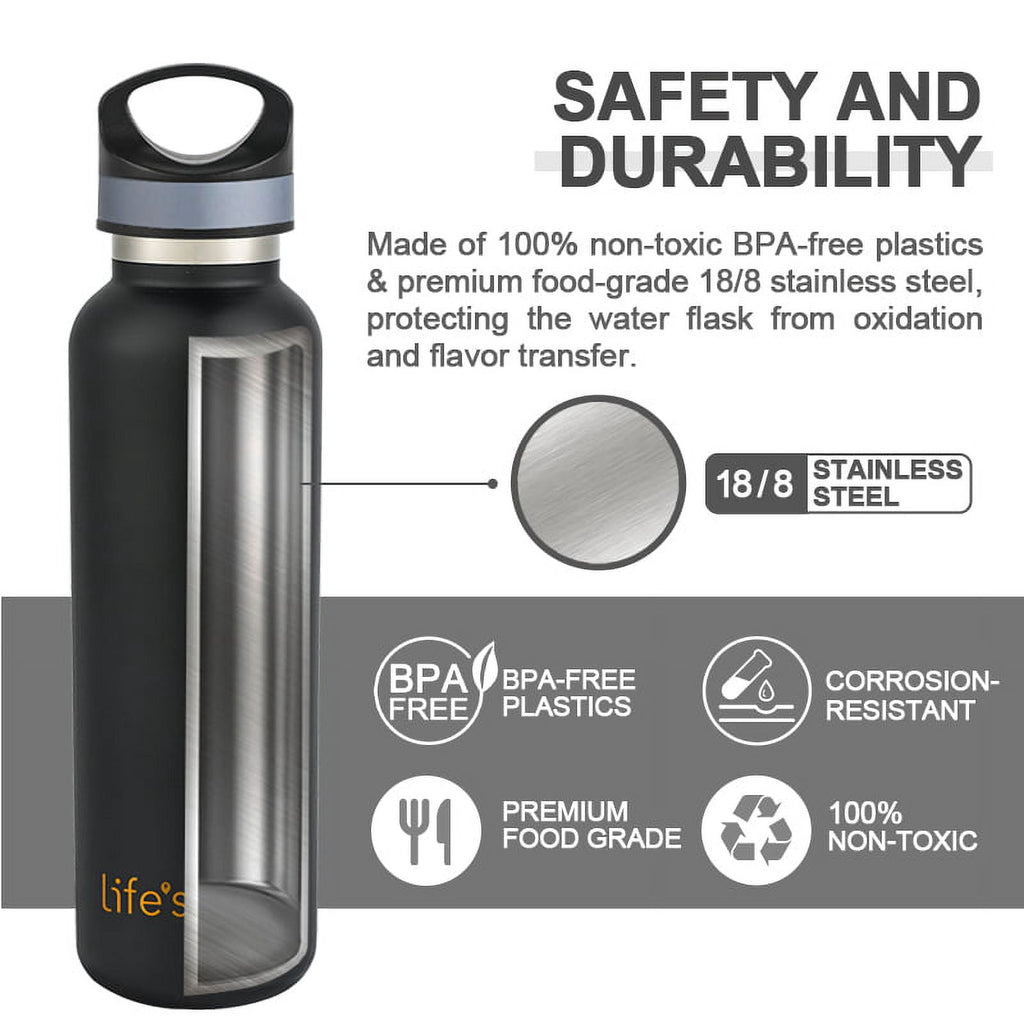 LIFE'S EASY 20 oz. Sports Insulated Water Bottle with Lid. Stainless Steel Vacuum Double Wall Thermo for Modern Hot and Cold Drinks, Simple Metal Hydro Canteen for Travel Men and Women (White) A19S