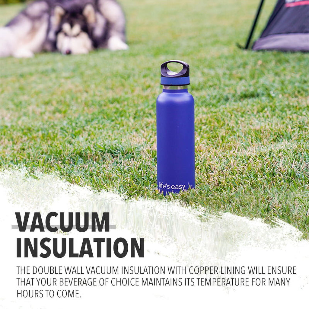 LIFE'S EASY 20 oz. Sports Insulated Water Bottle with Lid. Stainless Steel Vacuum Double Wall Thermo for Modern Hot and Cold Drinks, Simple Metal Hydro Canteen for Travel Men and Women (White) A19S