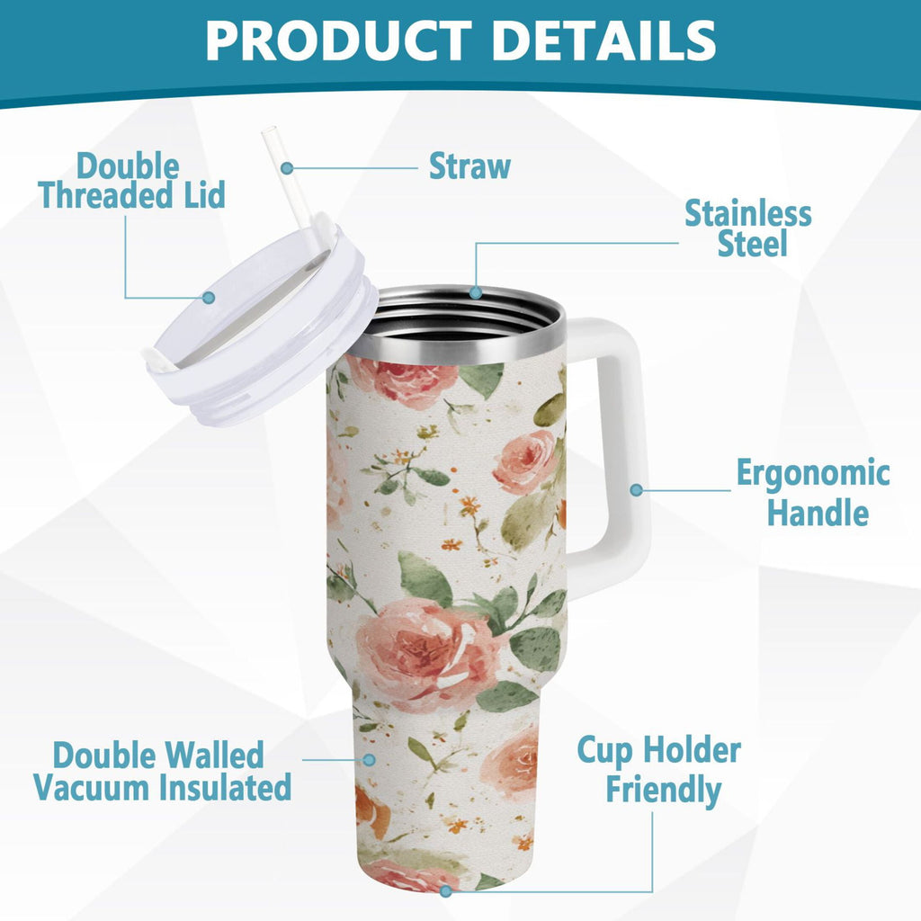 40 oz Insulated Stainless Steel Tumbler Double Wall Stainless Steel Tumbler with 2-Way Drinking Watercolor Rose Floral Pattern 3Q7D