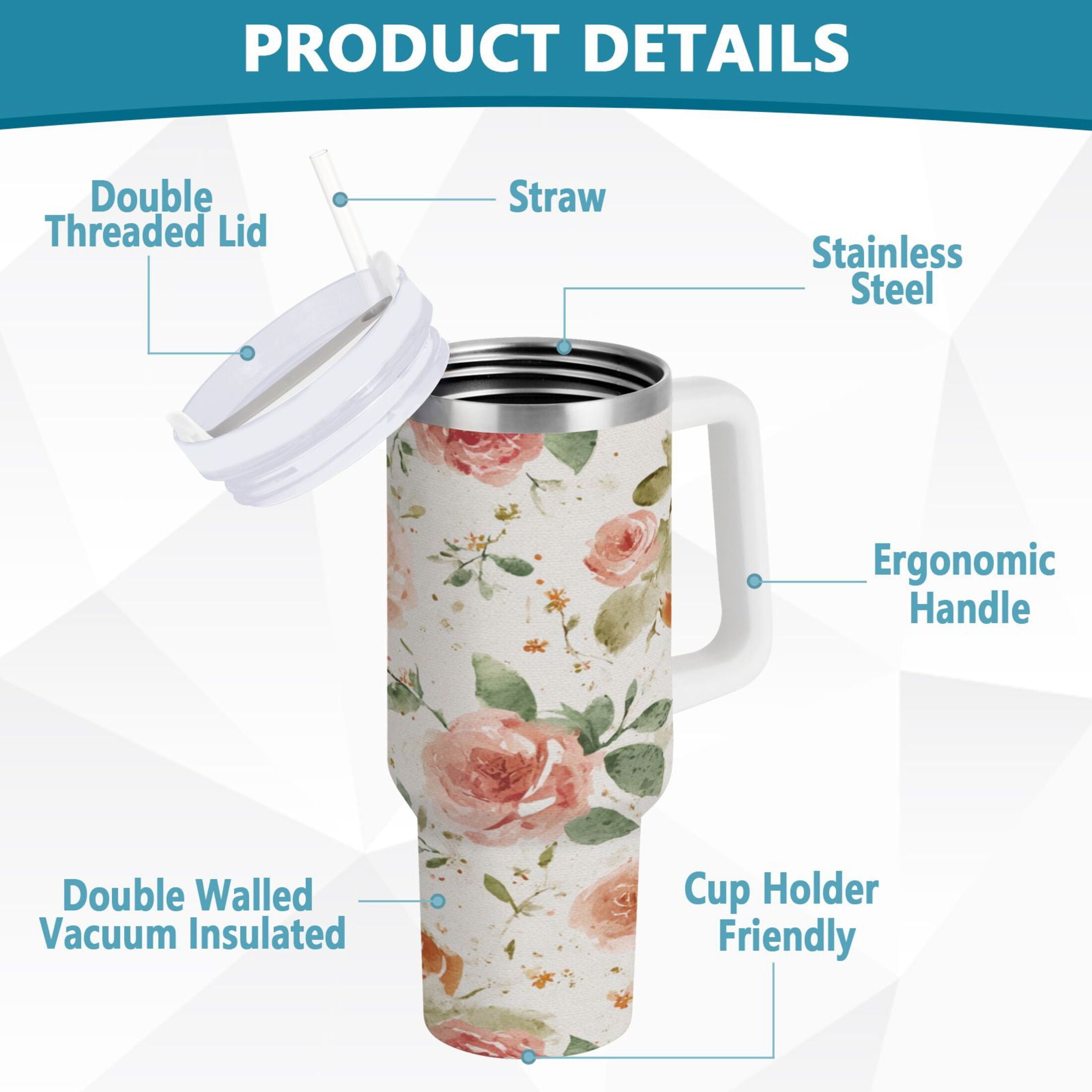40 oz Insulated Stainless Steel Tumbler Double Wall Stainless Steel Tumbler with 2-Way Drinking Watercolor Rose Floral Pattern 3Q7D