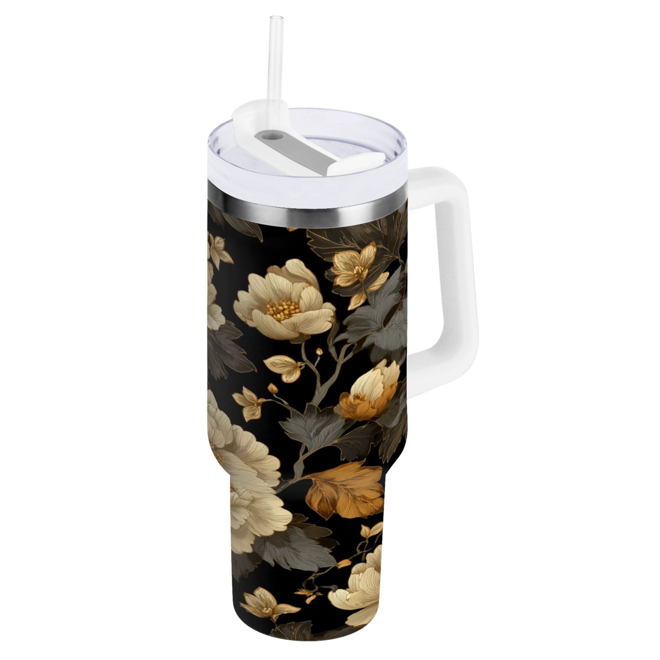 30 oz Insulated Stainless Steel Tumbler Double Wall Stainless Steel Tumbler with 2-Way Drinking Elegant Beige Floral A5QH