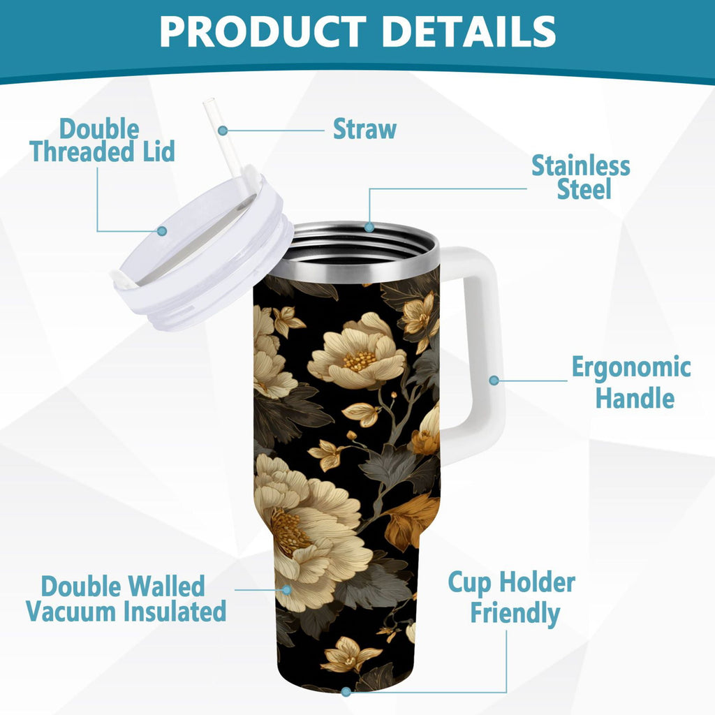 30 oz Insulated Stainless Steel Tumbler Double Wall Stainless Steel Tumbler with 2-Way Drinking Elegant Beige Floral A5QH