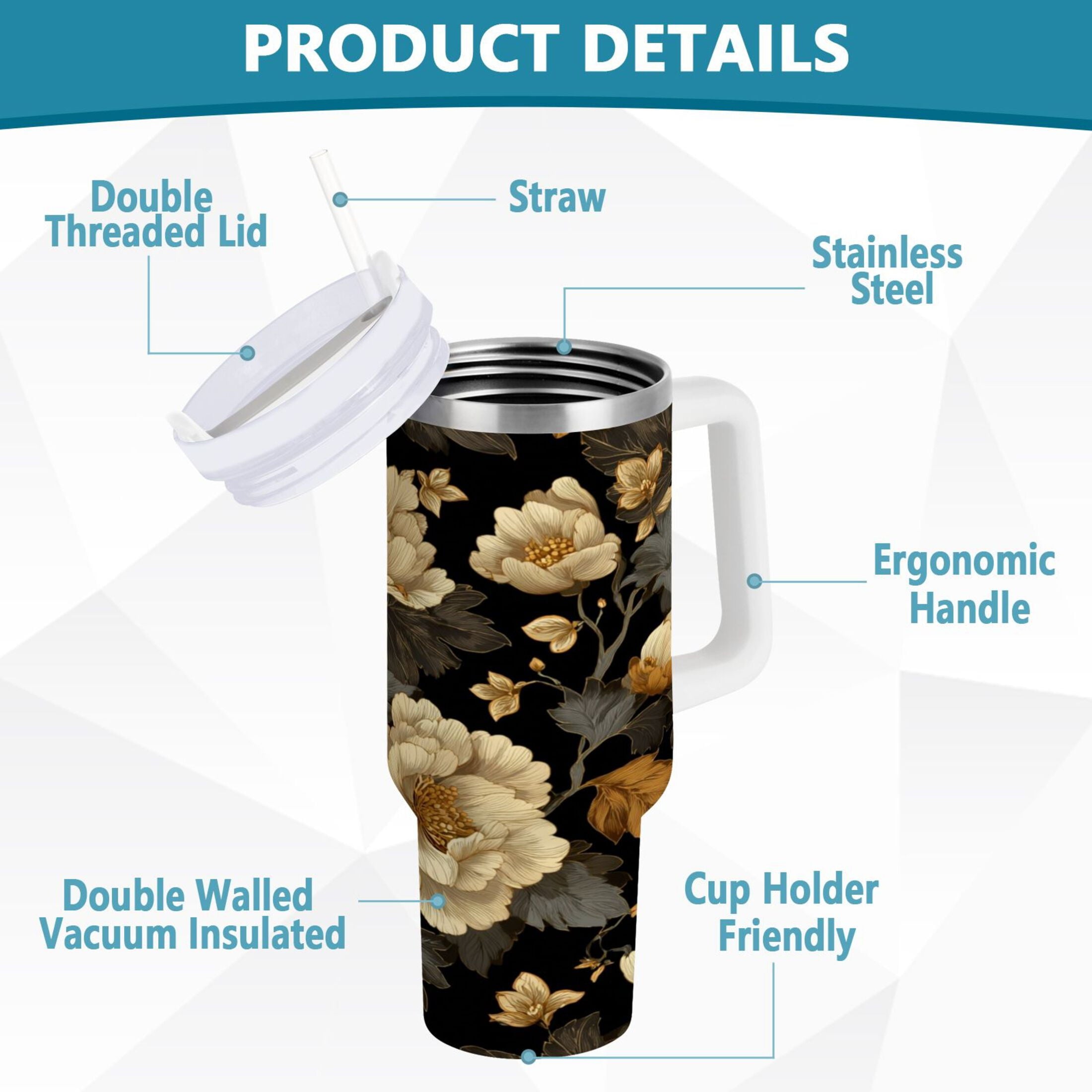 30 oz Insulated Stainless Steel Tumbler Double Wall Stainless Steel Tumbler with 2-Way Drinking Elegant Beige Floral A5QH