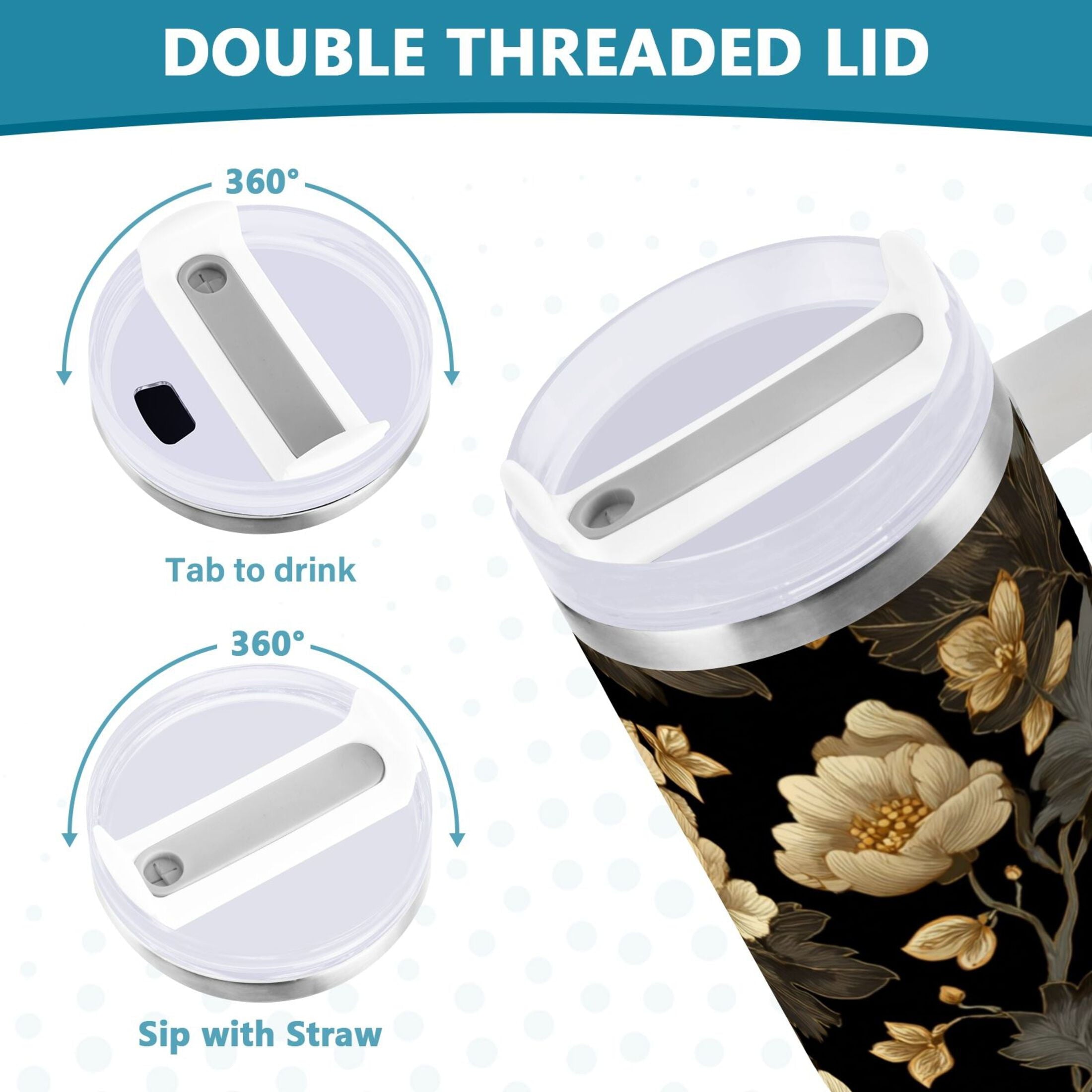 30 oz Insulated Stainless Steel Tumbler Double Wall Stainless Steel Tumbler with 2-Way Drinking Elegant Beige Floral A5QH