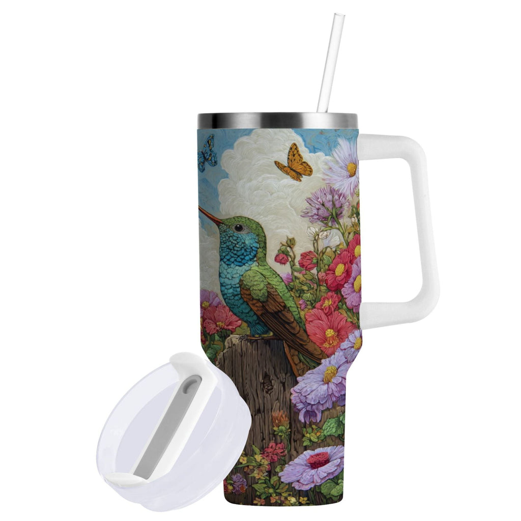 30 oz Insulated Stainless Steel Tumbler Double Wall Stainless Steel Tumbler with 2-Way Drinking Hummingbirds and Flowers QVRM