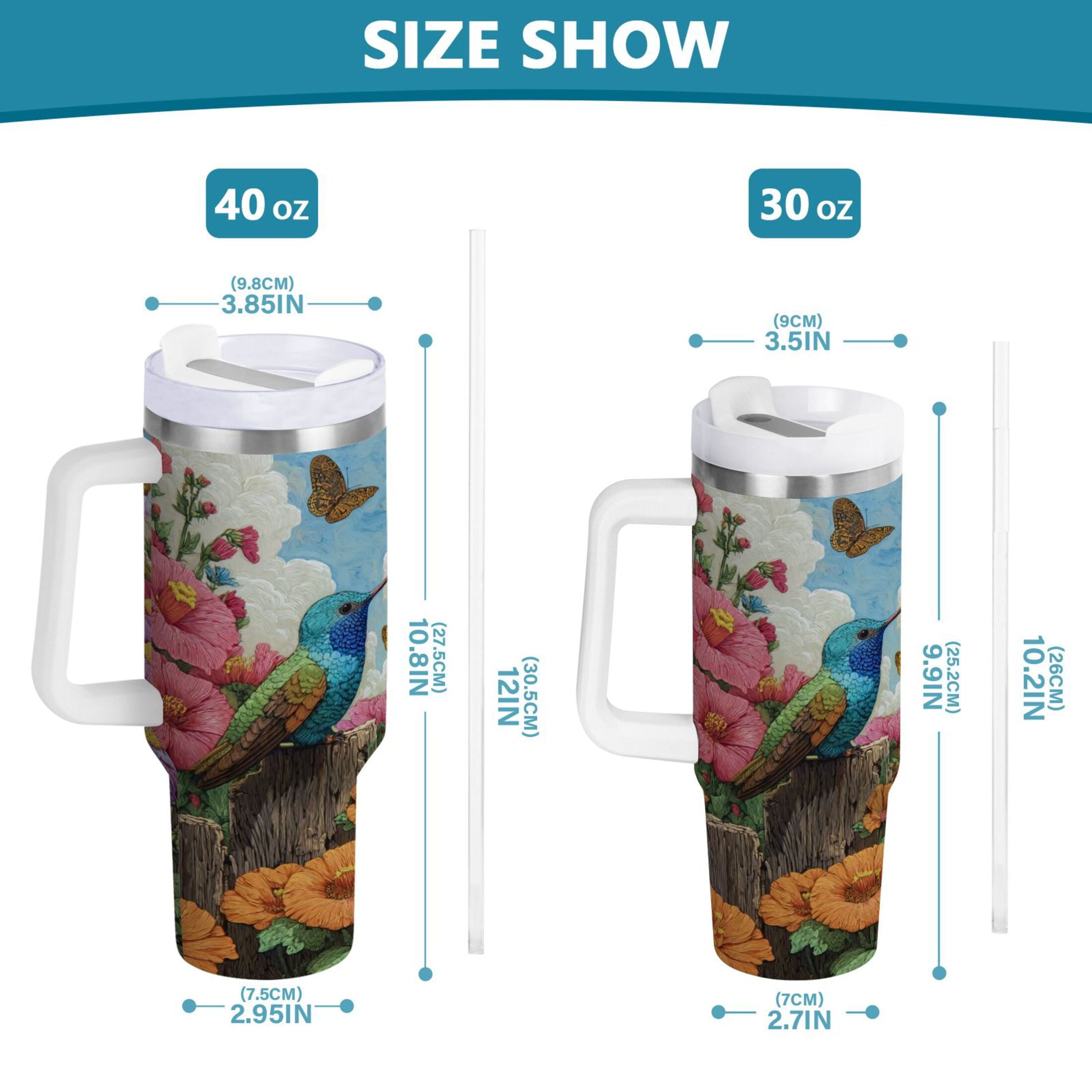 30 oz Insulated Stainless Steel Tumbler Double Wall Stainless Steel Tumbler with 2-Way Drinking Hummingbirds and Flowers QVRM