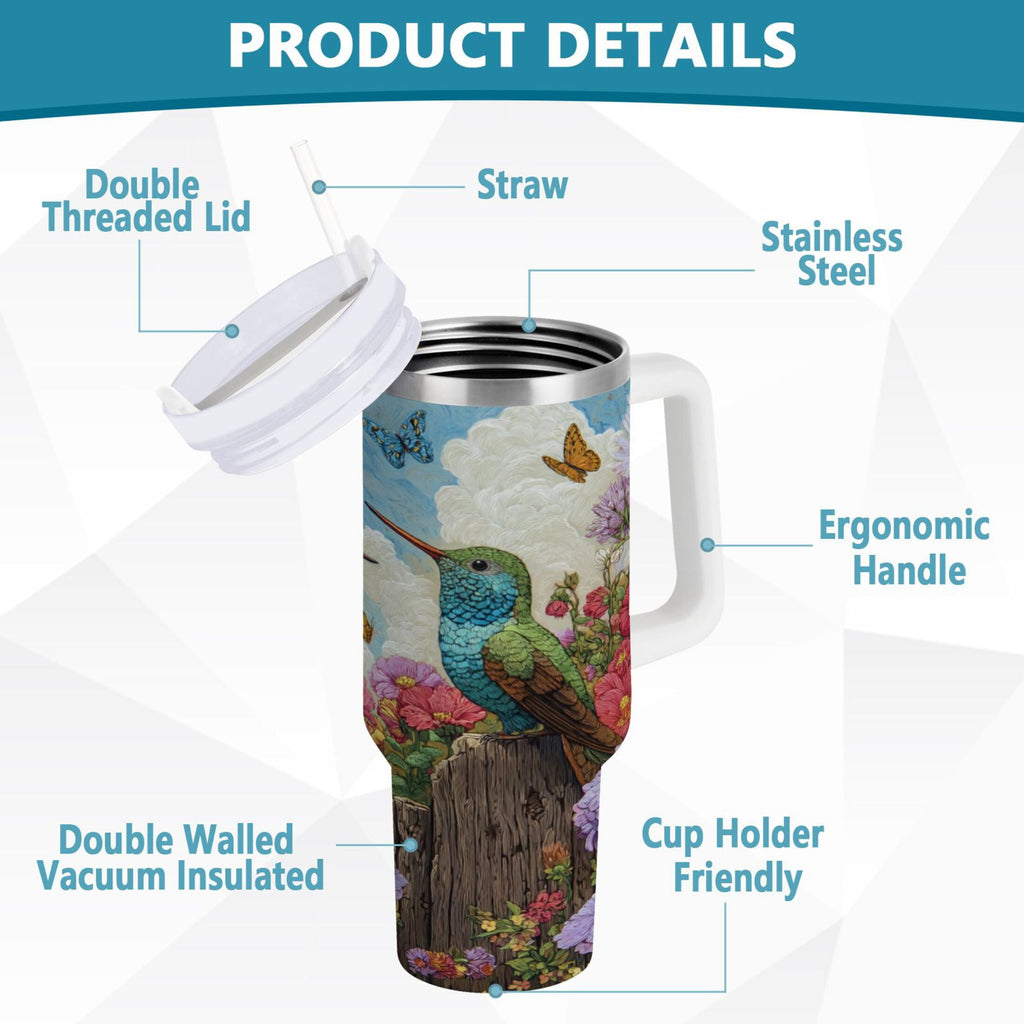 30 oz Insulated Stainless Steel Tumbler Double Wall Stainless Steel Tumbler with 2-Way Drinking Hummingbirds and Flowers QVRM