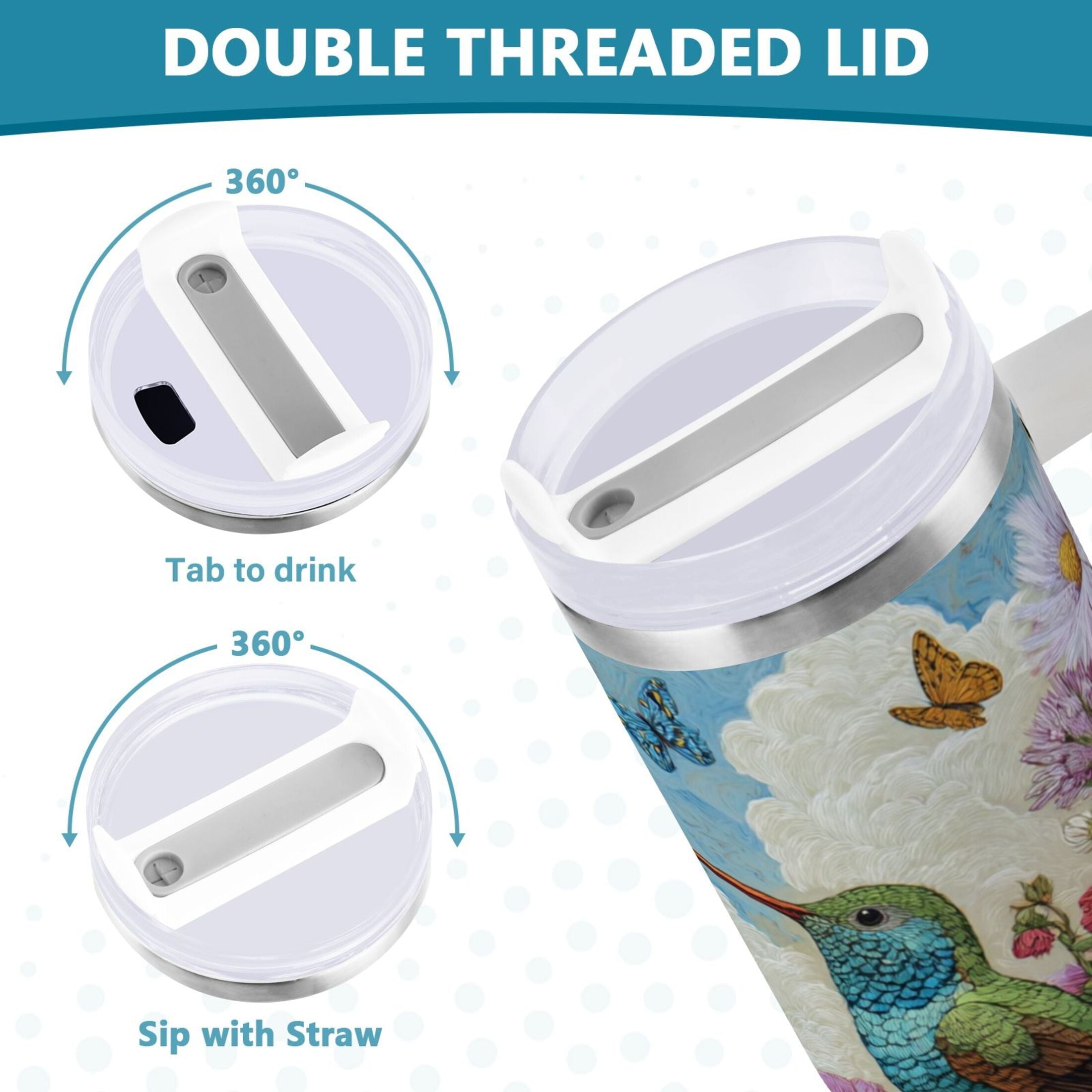 30 oz Insulated Stainless Steel Tumbler Double Wall Stainless Steel Tumbler with 2-Way Drinking Hummingbirds and Flowers QVRM