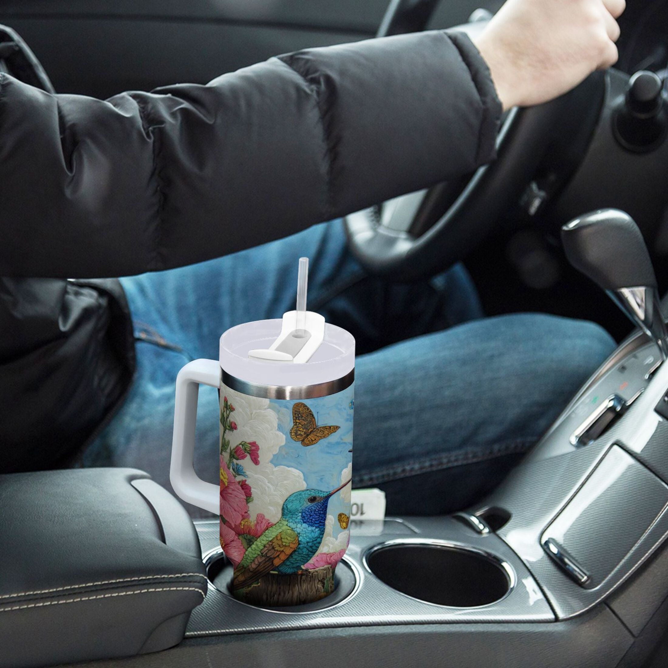 30 oz Insulated Stainless Steel Tumbler Double Wall Stainless Steel Tumbler with 2-Way Drinking Hummingbirds and Flowers QVRM