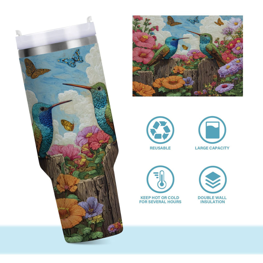 30 oz Insulated Stainless Steel Tumbler Double Wall Stainless Steel Tumbler with 2-Way Drinking Hummingbirds and Flowers QVRM