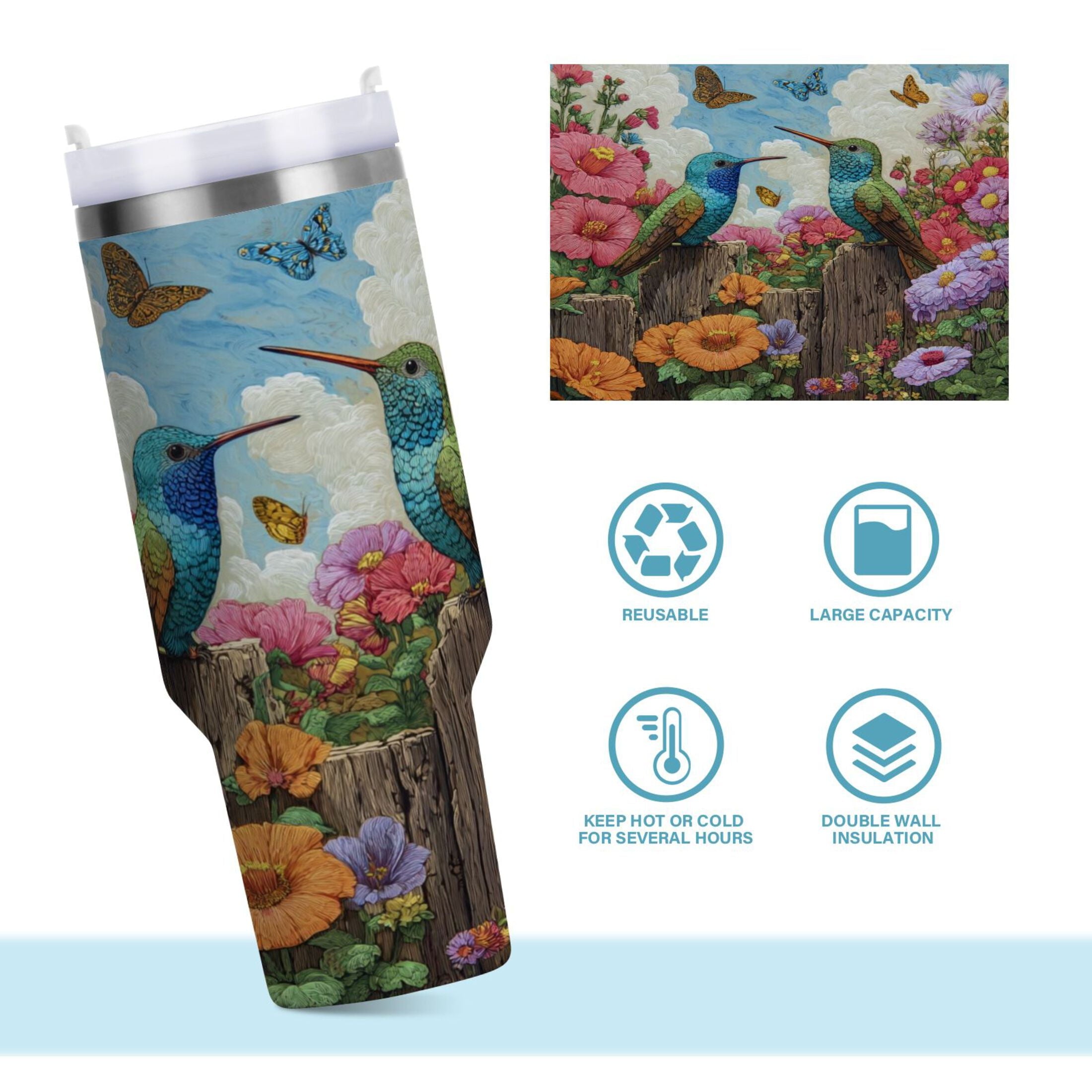 30 oz Insulated Stainless Steel Tumbler Double Wall Stainless Steel Tumbler with 2-Way Drinking Hummingbirds and Flowers QVRM