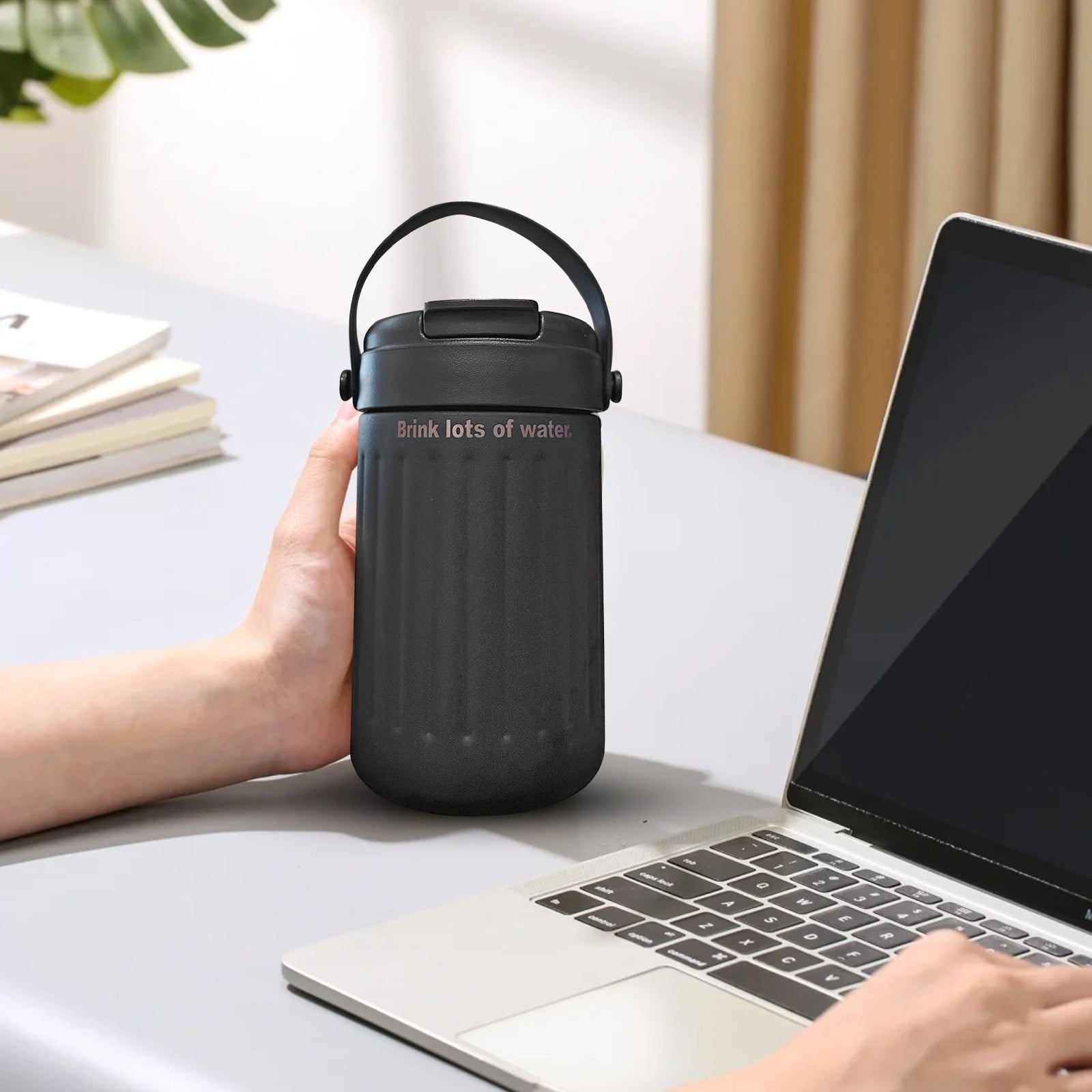 BinKFF Simple Modern Travel Coffee Mug, Insulated Coffee Tumblers with Lid, Double Walled Iced Travel Coffee Mug for Woman and Man Stainless Steel Tumbler with Handle 5QU3