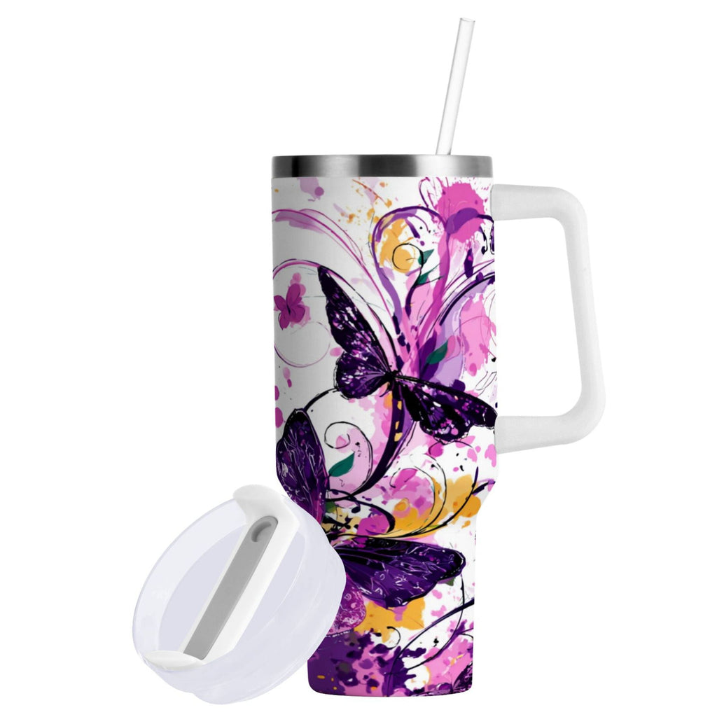 40 oz Insulated Stainless Steel Tumbler Double Wall Stainless Steel Tumbler with 2-Way Drinking Purple Butterfly 1DSP