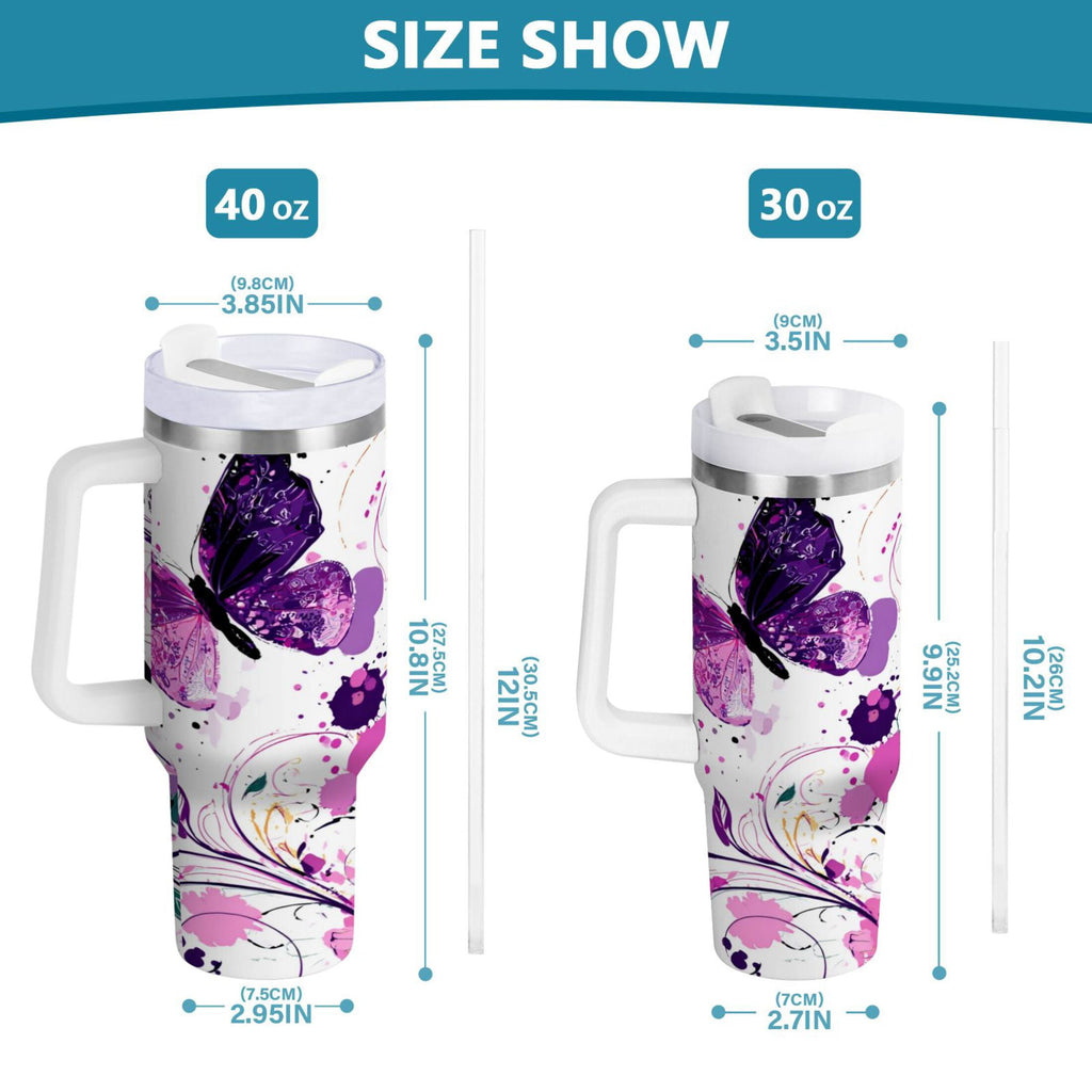 40 oz Insulated Stainless Steel Tumbler Double Wall Stainless Steel Tumbler with 2-Way Drinking Purple Butterfly 1DSP