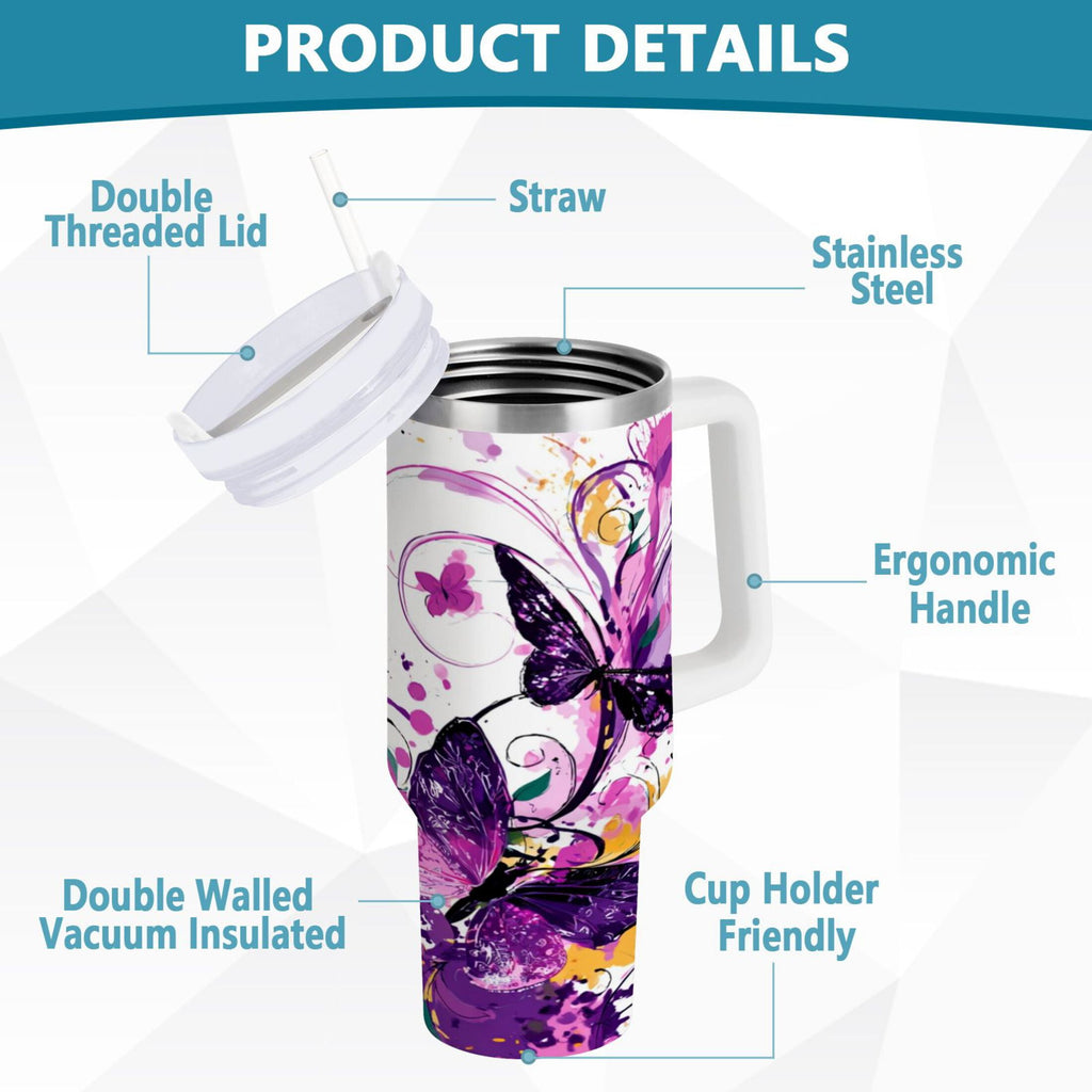 40 oz Insulated Stainless Steel Tumbler Double Wall Stainless Steel Tumbler with 2-Way Drinking Purple Butterfly 1DSP
