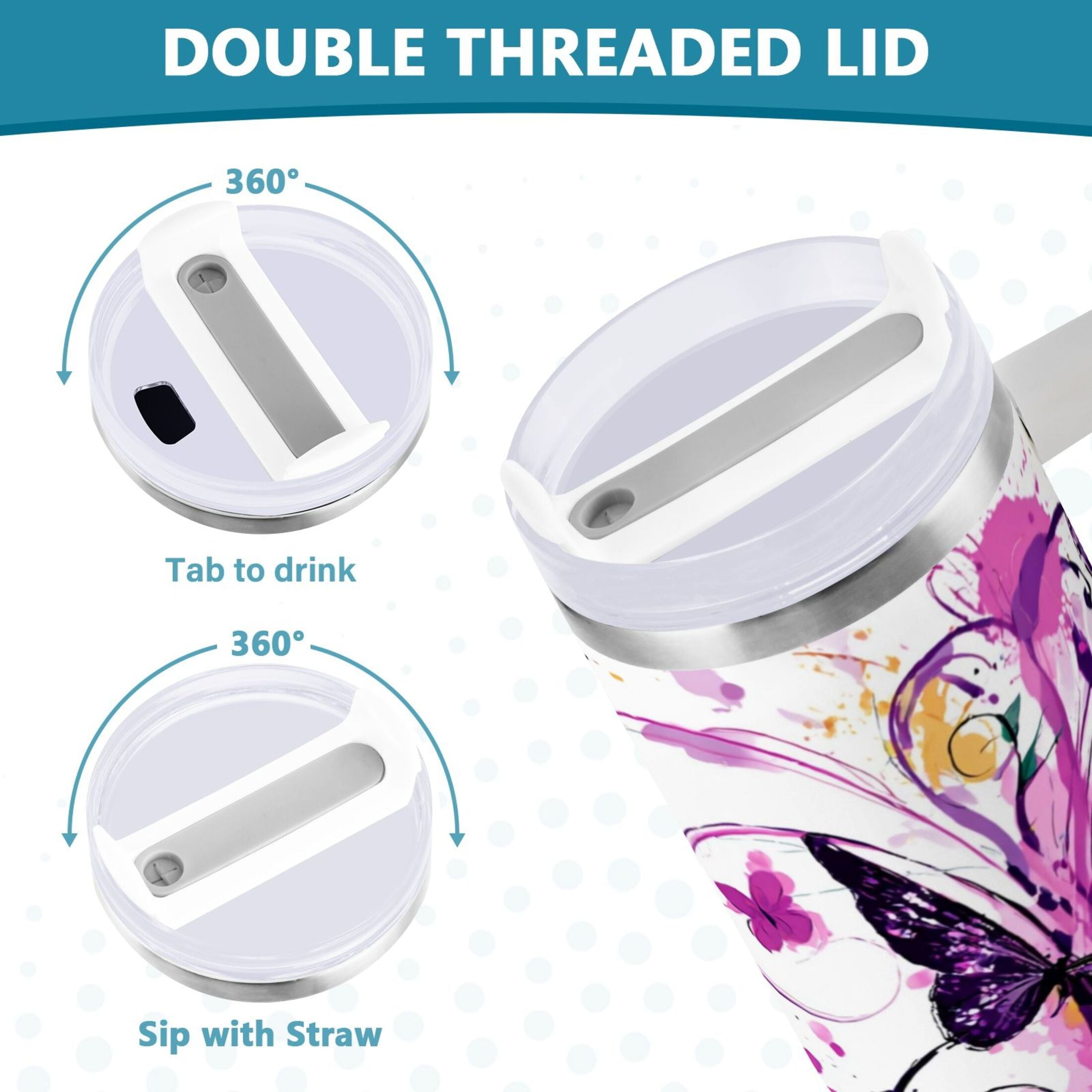 40 oz Insulated Stainless Steel Tumbler Double Wall Stainless Steel Tumbler with 2-Way Drinking Purple Butterfly 1DSP