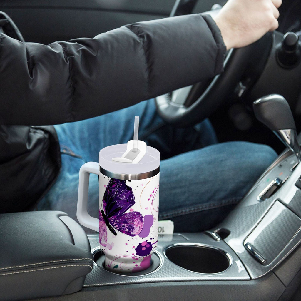 40 oz Insulated Stainless Steel Tumbler Double Wall Stainless Steel Tumbler with 2-Way Drinking Purple Butterfly 1DSP