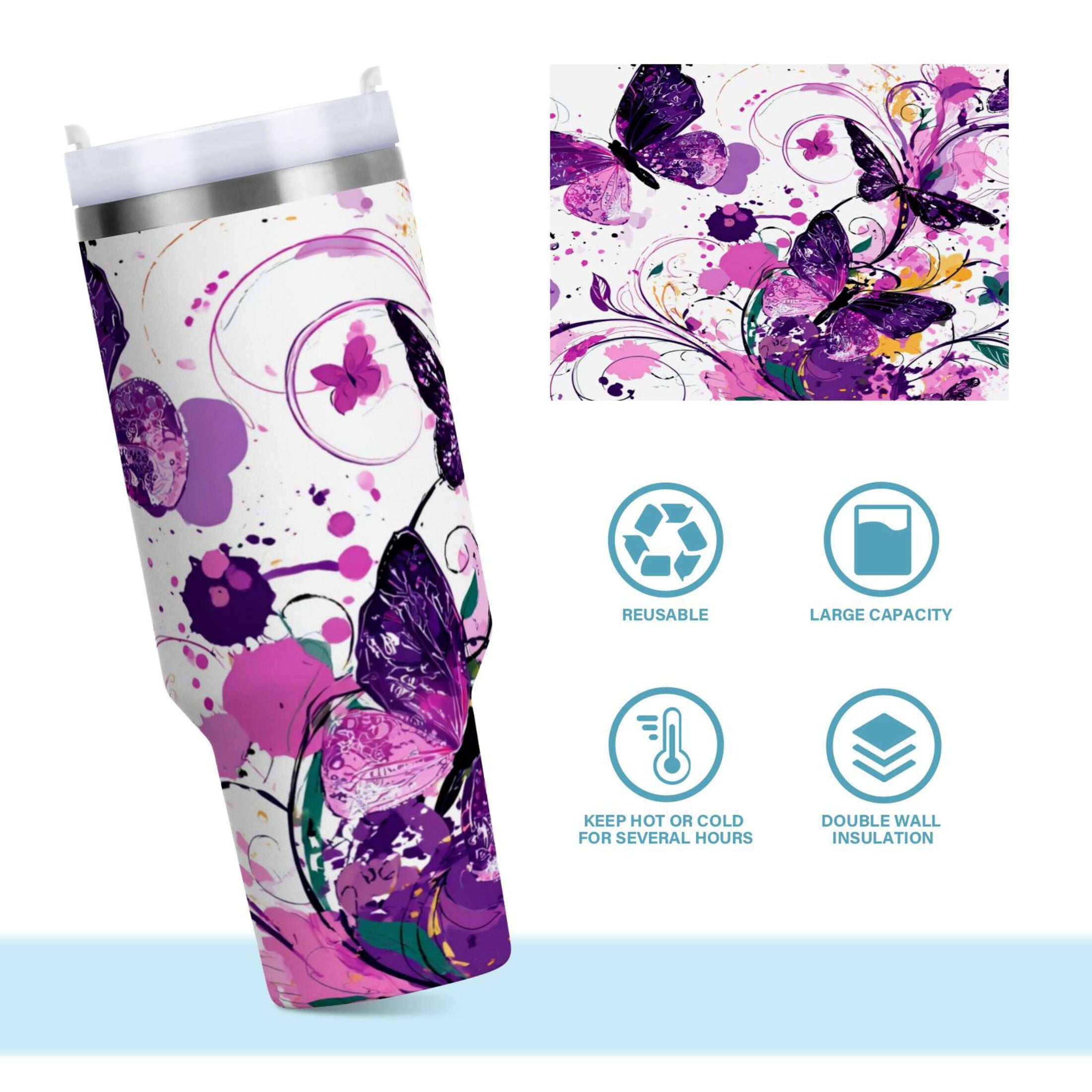 40 oz Insulated Stainless Steel Tumbler Double Wall Stainless Steel Tumbler with 2-Way Drinking Purple Butterfly 1DSP