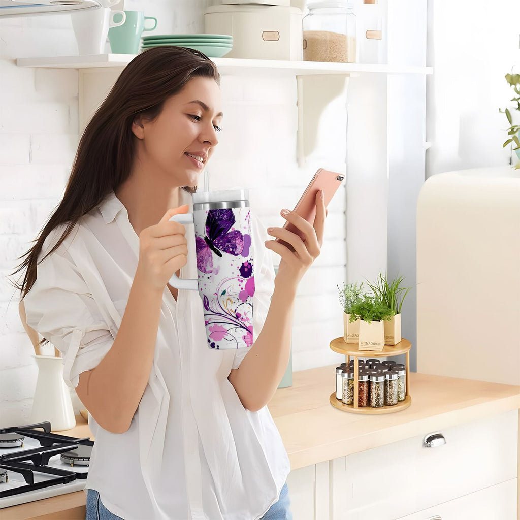 40 oz Insulated Stainless Steel Tumbler Double Wall Stainless Steel Tumbler with 2-Way Drinking Purple Butterfly 1DSP