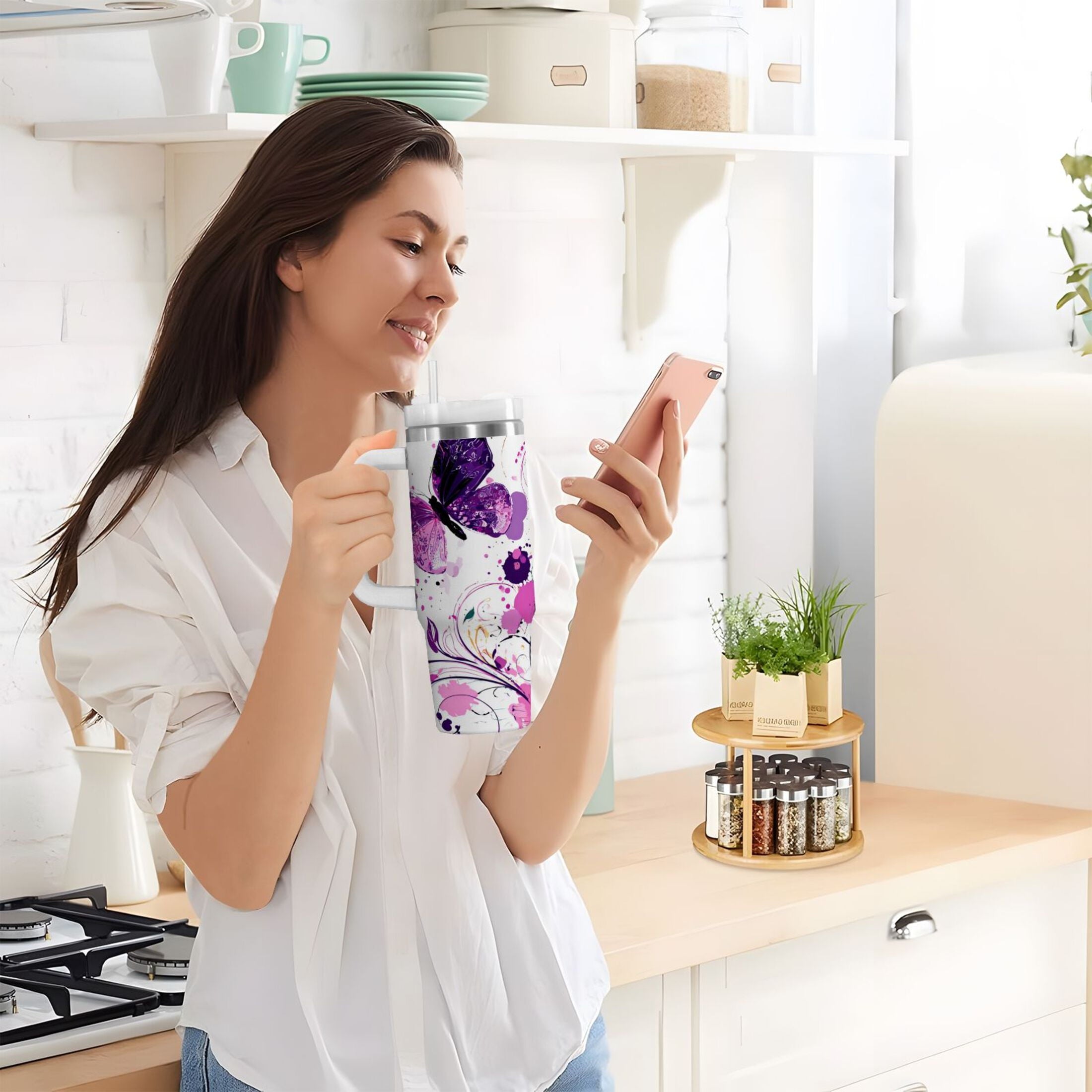 40 oz Insulated Stainless Steel Tumbler Double Wall Stainless Steel Tumbler with 2-Way Drinking Purple Butterfly 1DSP
