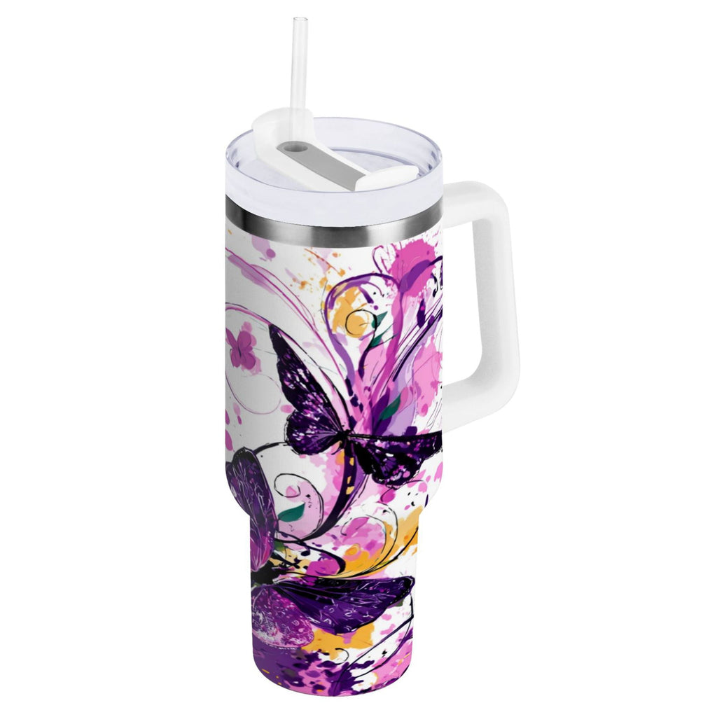 40 oz Insulated Stainless Steel Tumbler Double Wall Stainless Steel Tumbler with 2-Way Drinking Purple Butterfly 1DSP
