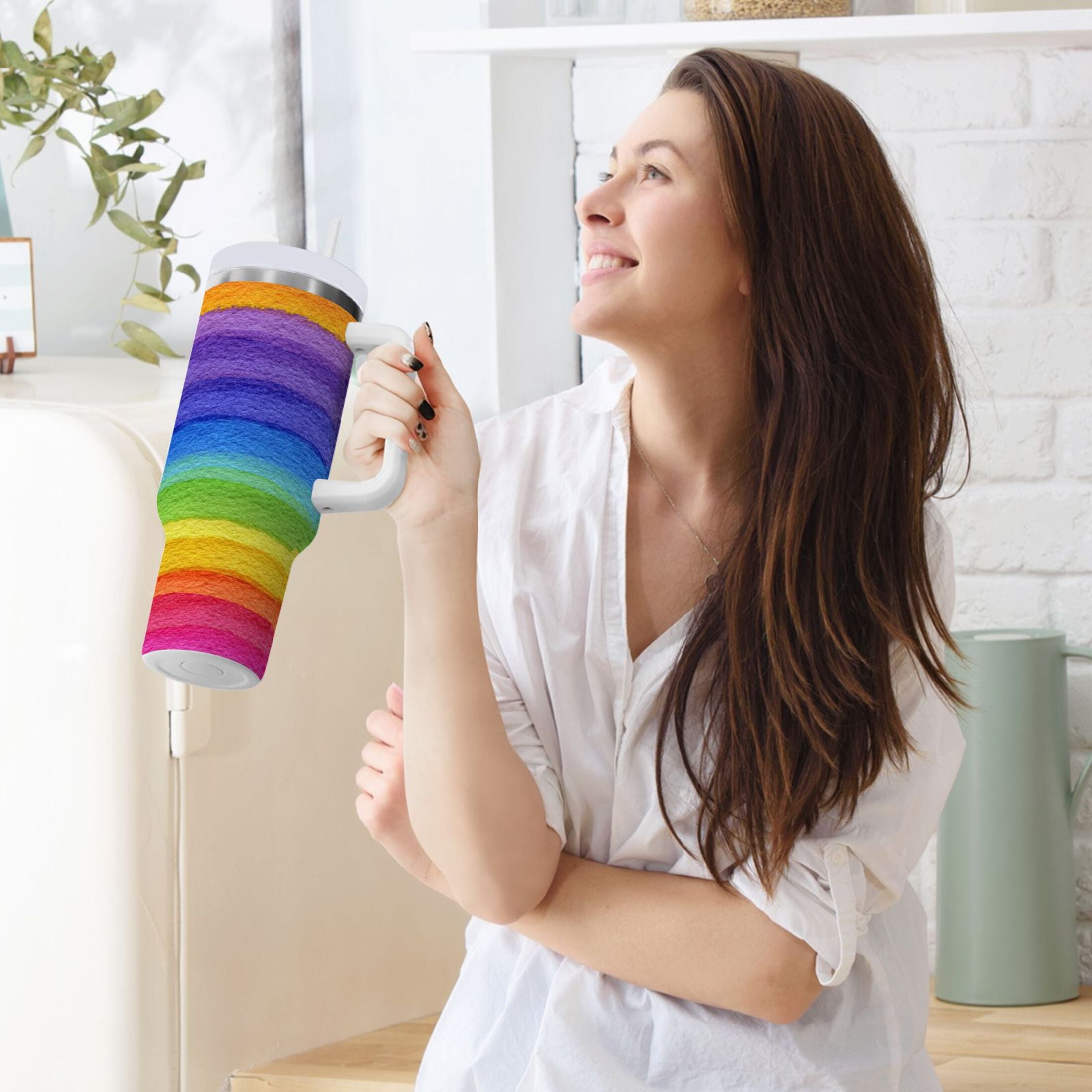 30 oz Insulated Stainless Steel Tumbler Double Wall Stainless Steel Tumbler with 2-Way Drinking Watercolor Rainbow Colors 0EJK