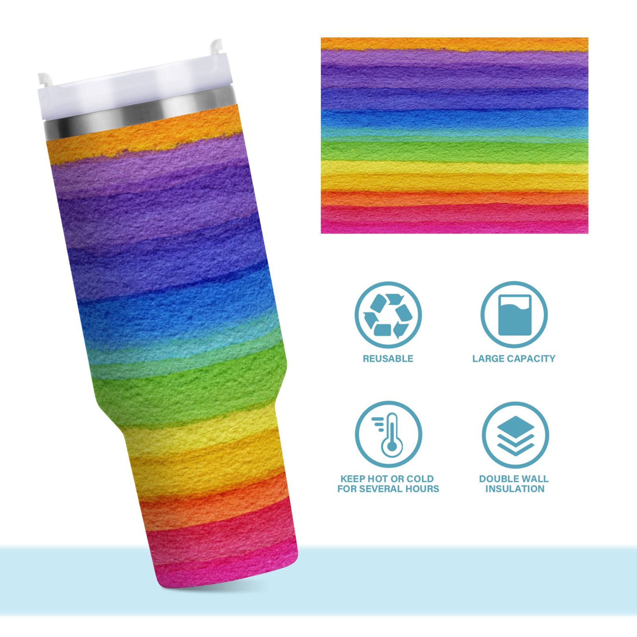 30 oz Insulated Stainless Steel Tumbler Double Wall Stainless Steel Tumbler with 2-Way Drinking Watercolor Rainbow Colors 0EJK