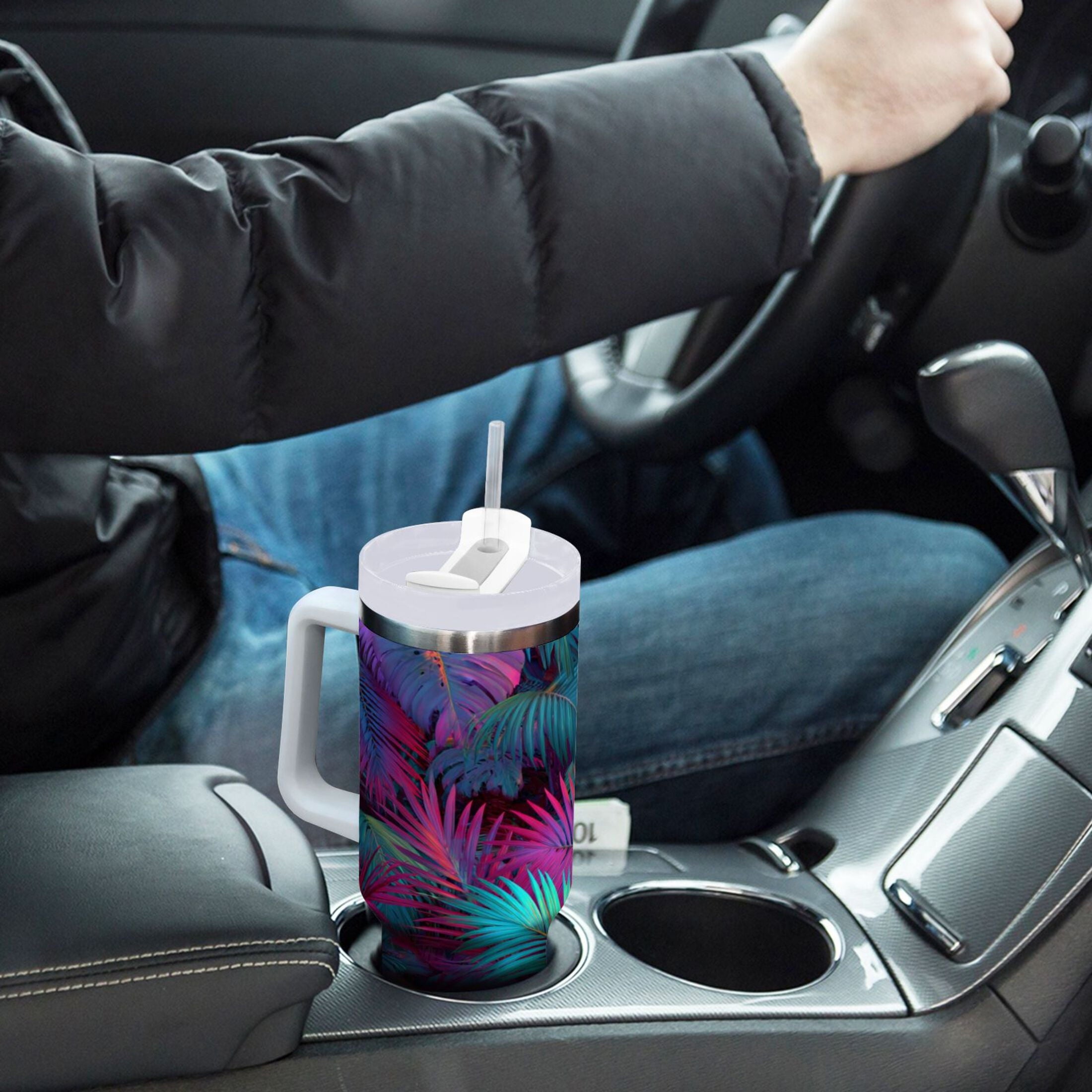 30 oz Insulated Stainless Steel Tumbler Double Wall Stainless Steel Tumbler with 2-Way Drinking Vibrant and Shimmering Jungle 2KTJ
